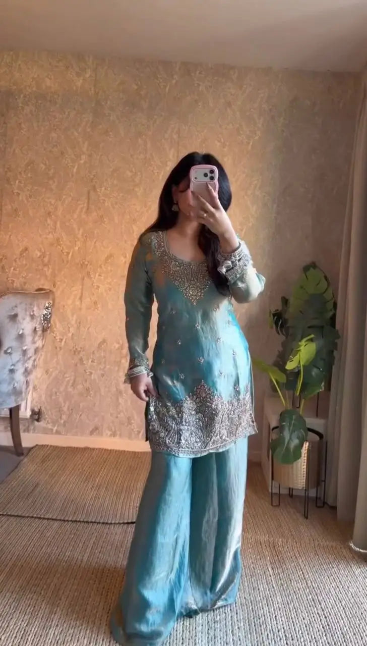 Aqua Blue Fendy Silk Palazzo Set with Thread Sequence Work and Lace Border Dupatta