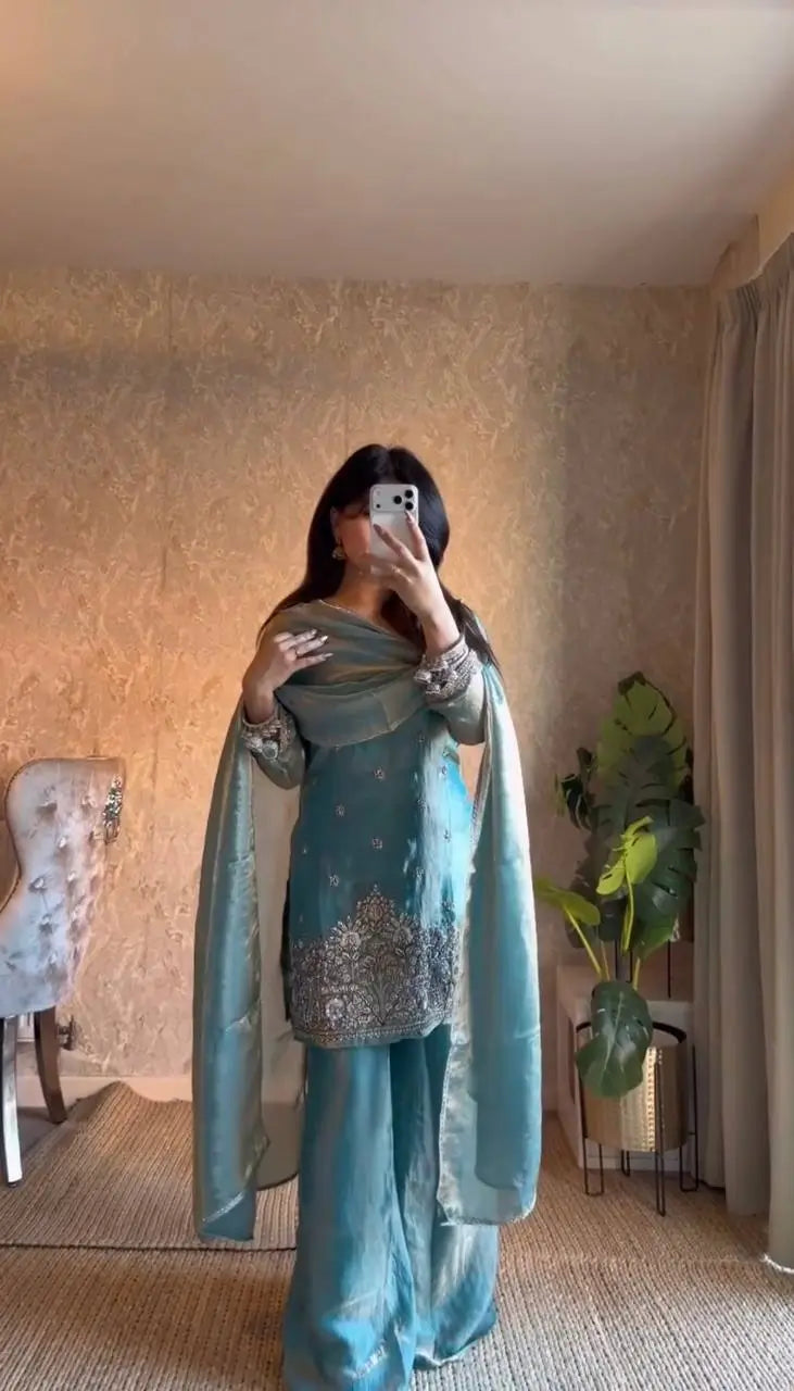 Aqua Blue Fendy Silk Palazzo Set with Thread Sequence Work and Lace Border Dupatta