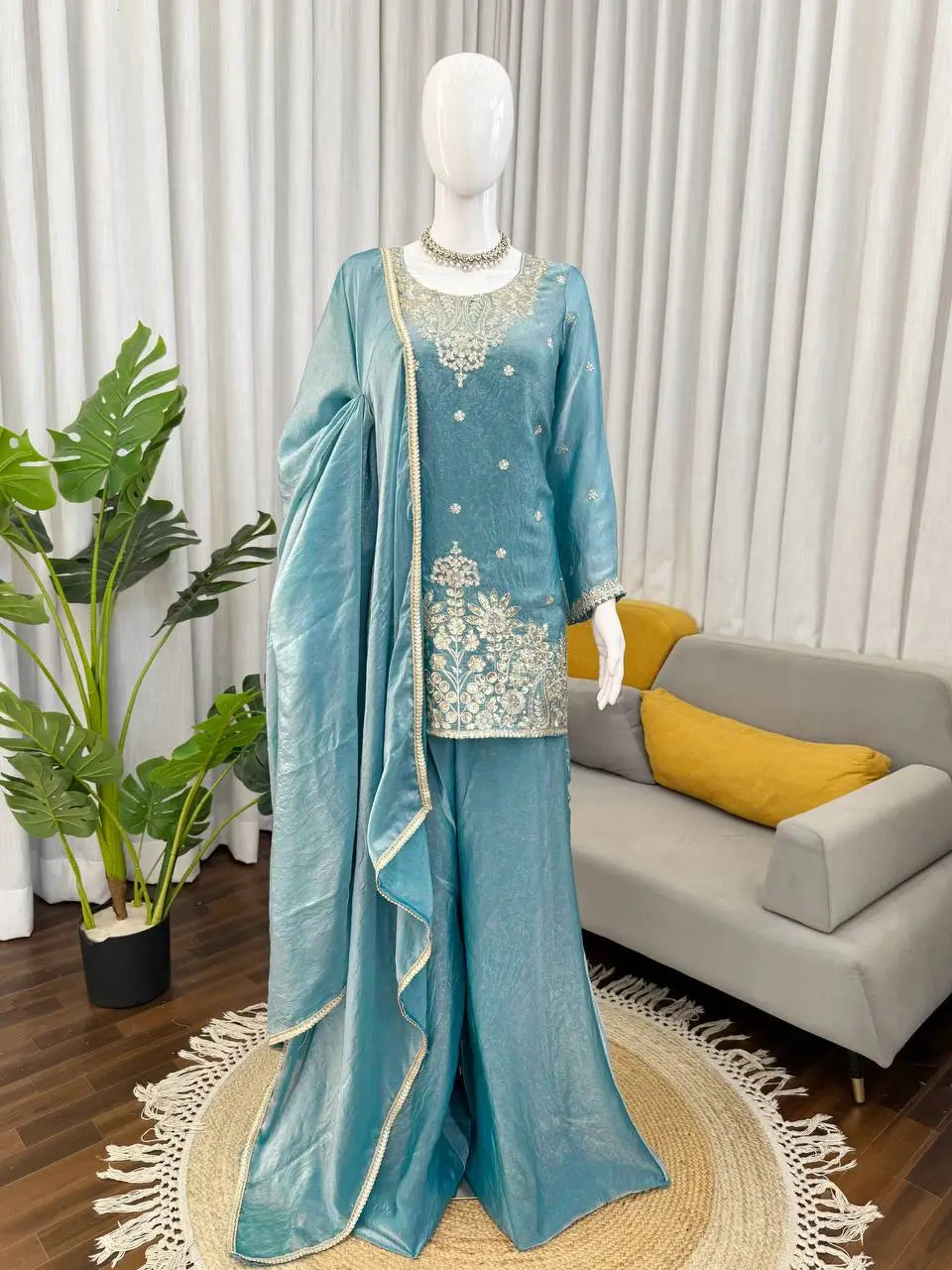 Aqua Blue Fendy Silk Palazzo Set with Thread Sequence Work and Lace Border Dupatta