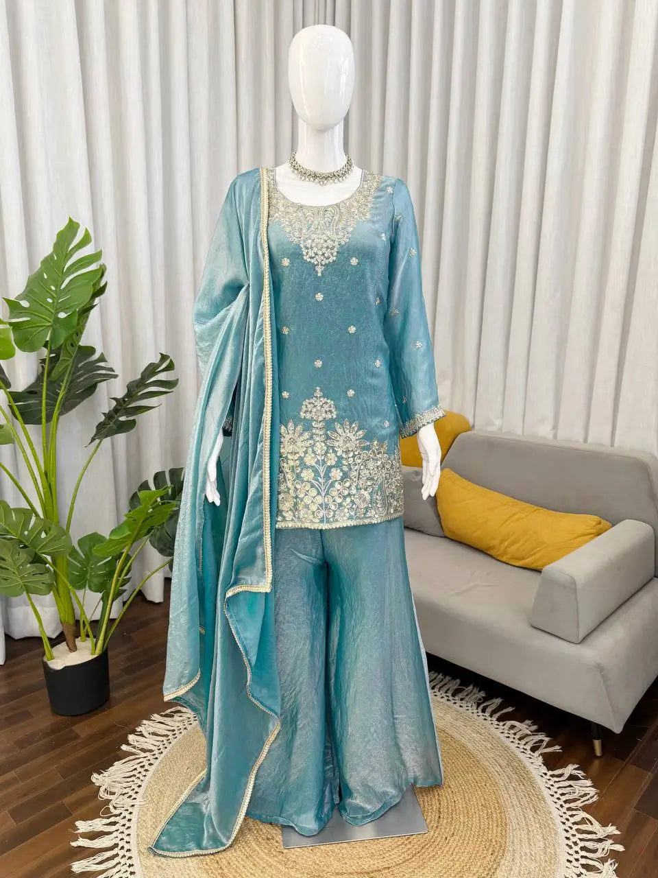 Aqua Blue Fendy Silk Palazzo Set with Thread Sequence Work and Lace Border Dupatta