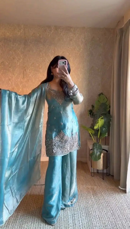 Aqua Blue Fendy Silk Palazzo Set with Thread Sequence Work and Lace Border Dupatta