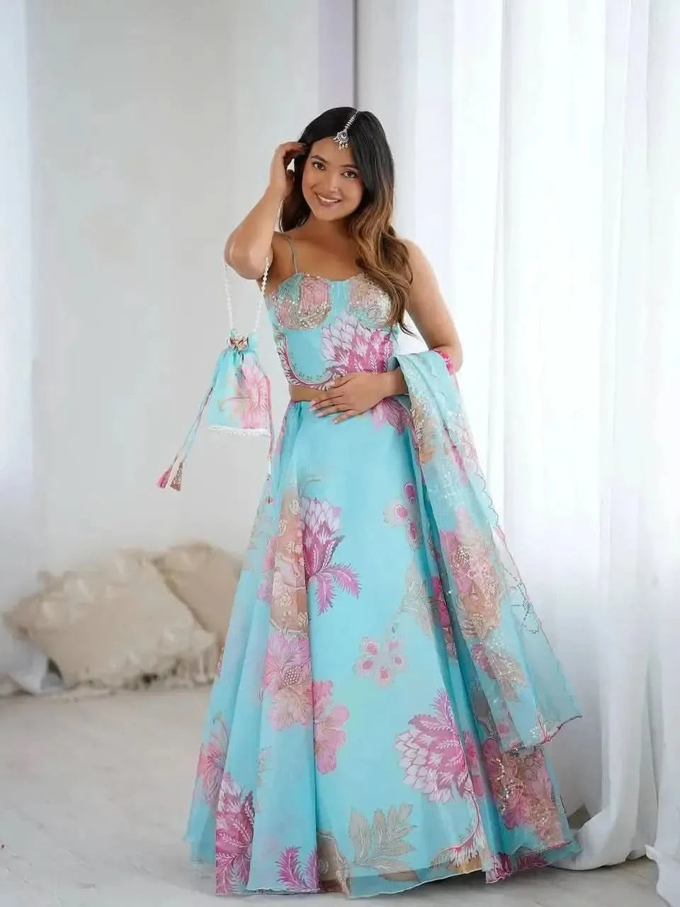Aqua Blue Pure Organza Floral Corset Lehenga Set for Weddings
