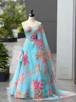 Aqua Blue Pure Organza Floral Corset Lehenga Set for Weddings