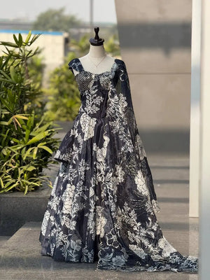 Aqua Blue Pure Organza Floral Corset Lehenga Set for Weddings