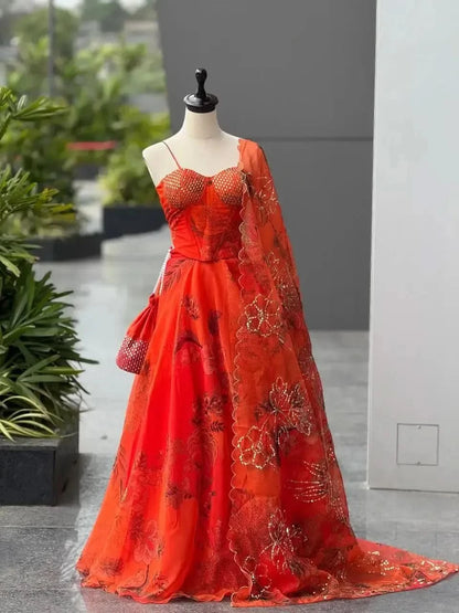 Aqua Blue Pure Organza Floral Corset Lehenga Set for Weddings