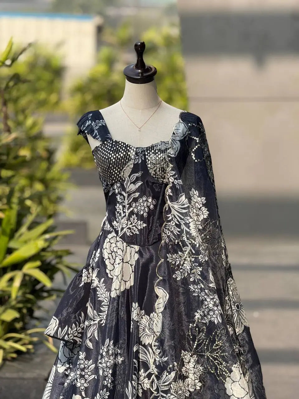 Aqua Blue Pure Organza Floral Corset Lehenga Set for Weddings