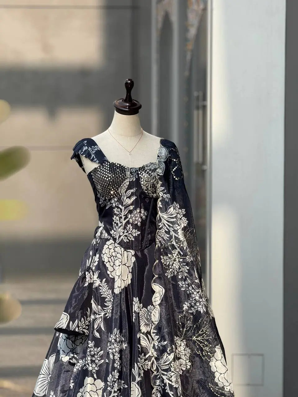 Aqua Blue Pure Organza Floral Corset Lehenga Set for Weddings