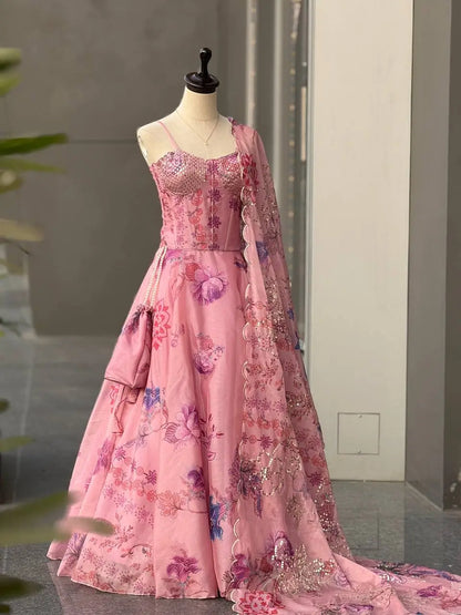 Aqua Blue Pure Organza Floral Corset Lehenga Set for Weddings