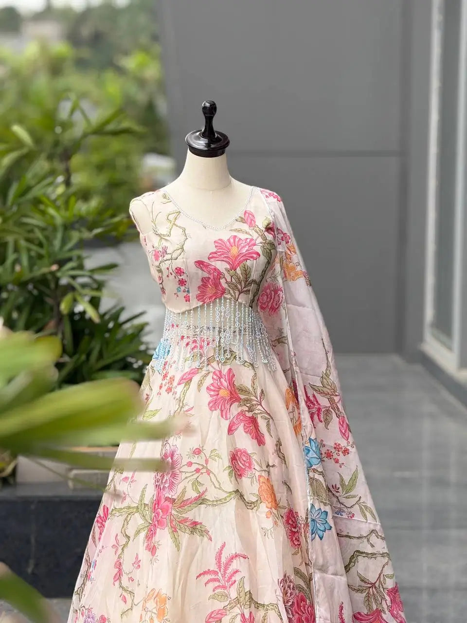 Aqua Blue Pure Organza Floral Corset Lehenga Set for Weddings