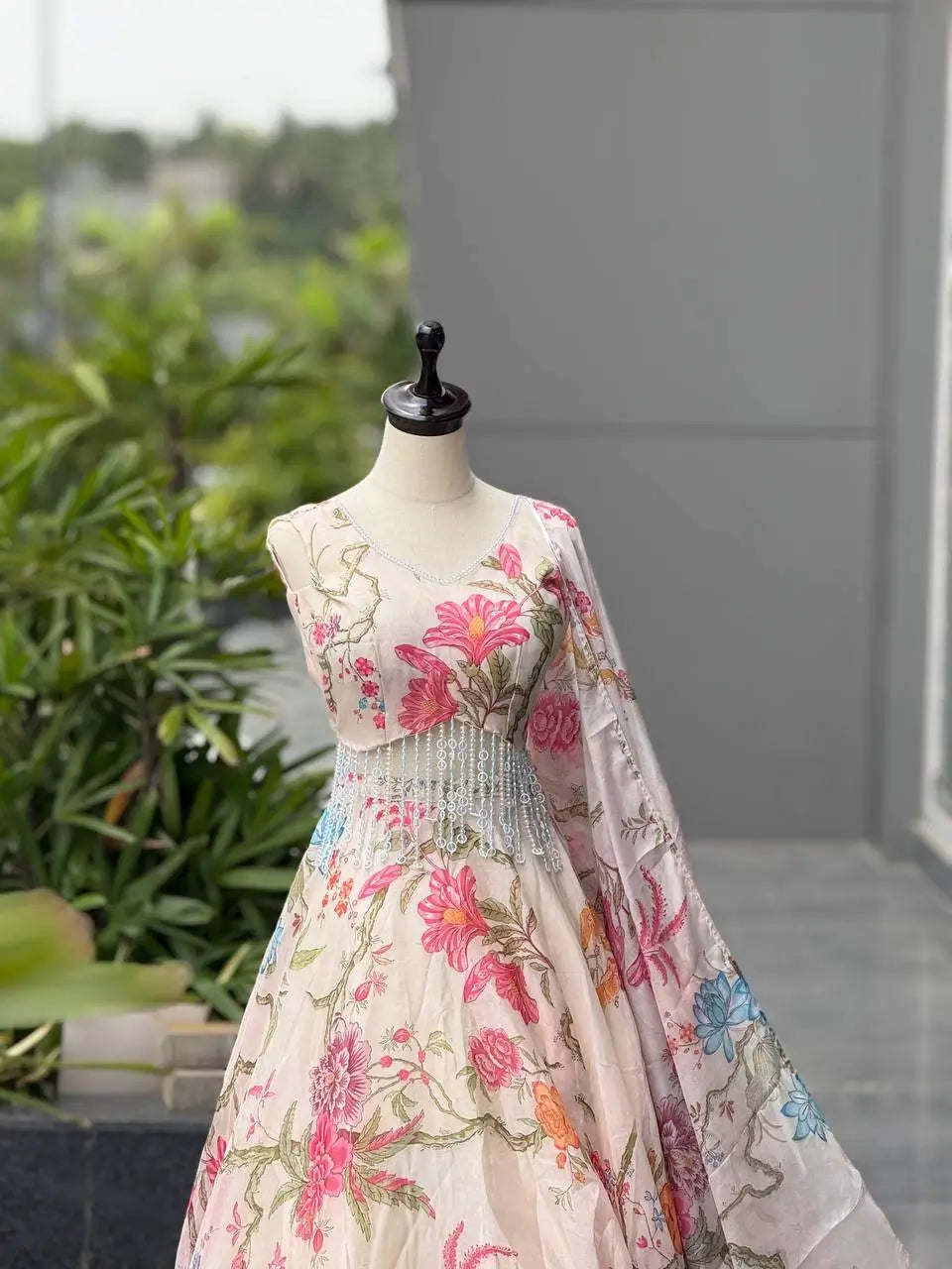 Aqua Blue Pure Organza Floral Corset Lehenga Set for Weddings