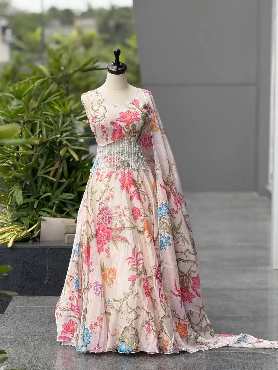 Aqua Blue Pure Organza Floral Corset Lehenga Set for Weddings