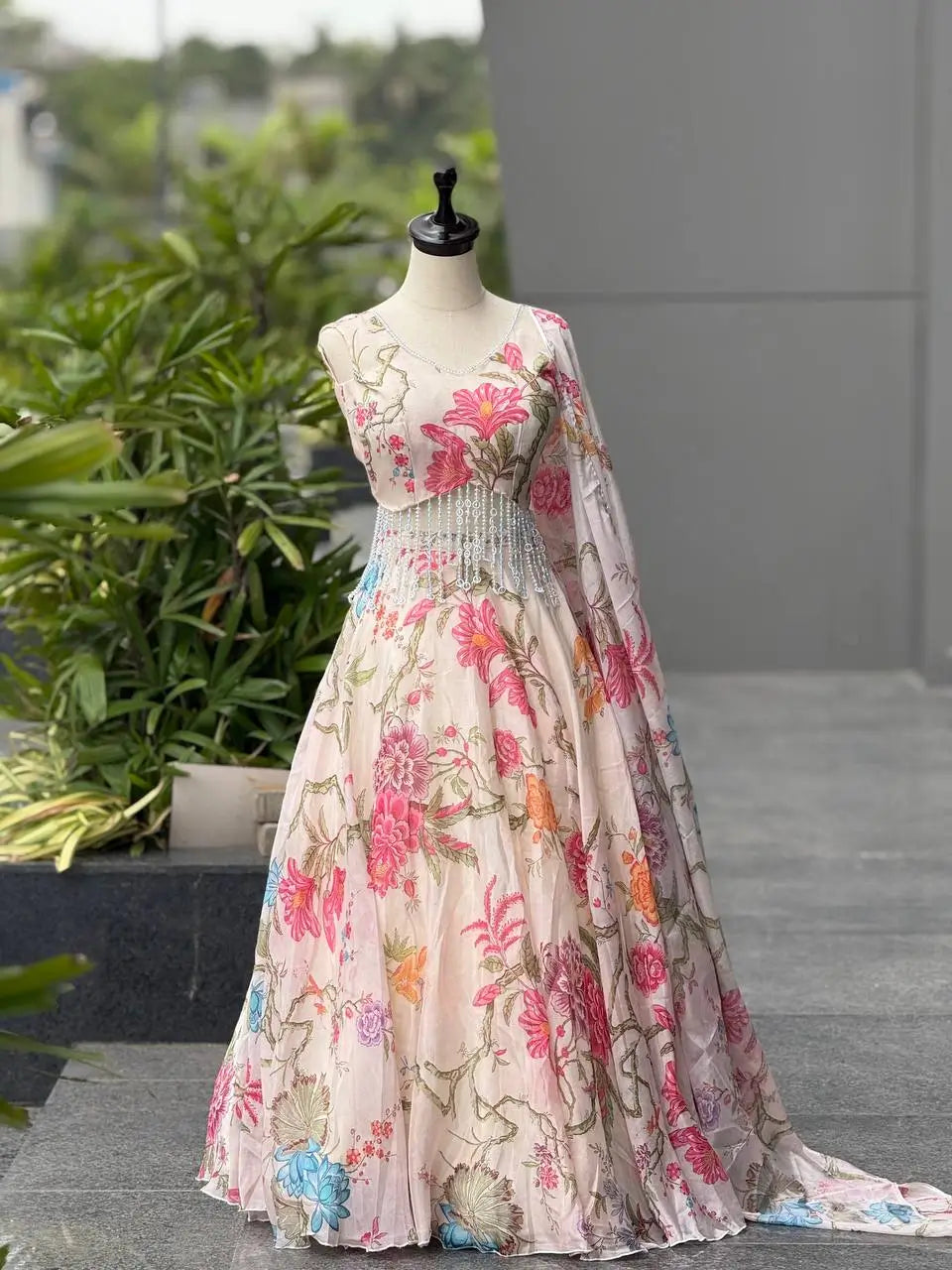 Aqua Blue Pure Organza Floral Corset Lehenga Set for Weddings