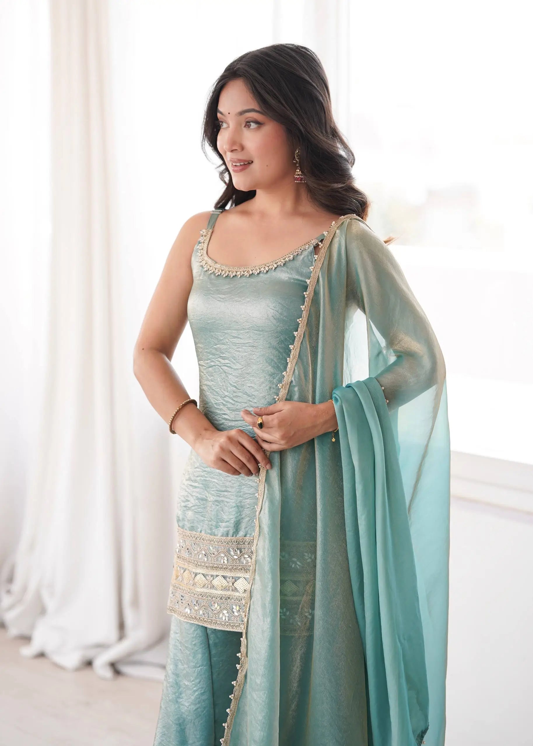 Aqua Mirror Work Kurti Palazzo Set