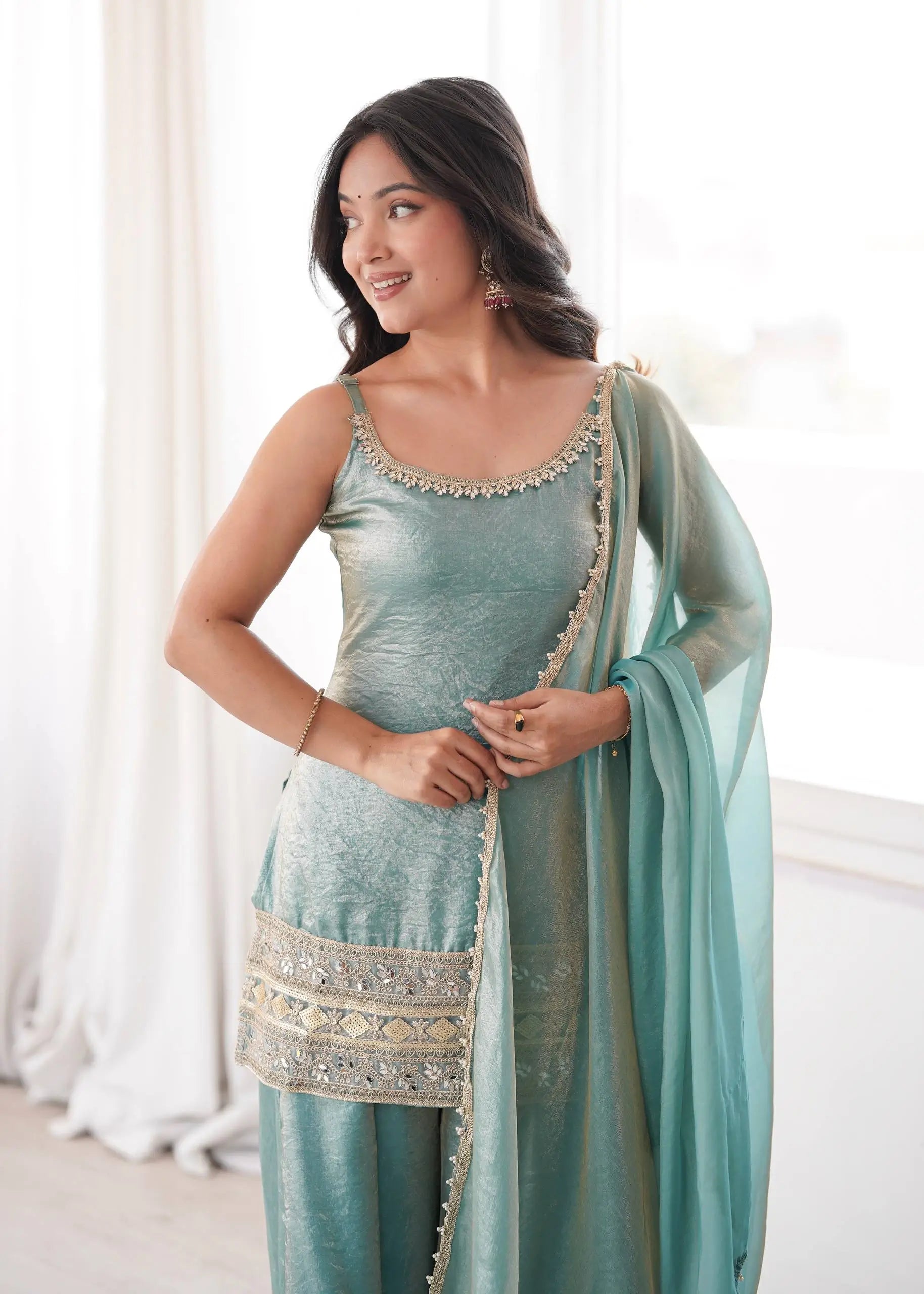 Aqua Mirror Work Kurti Palazzo Set