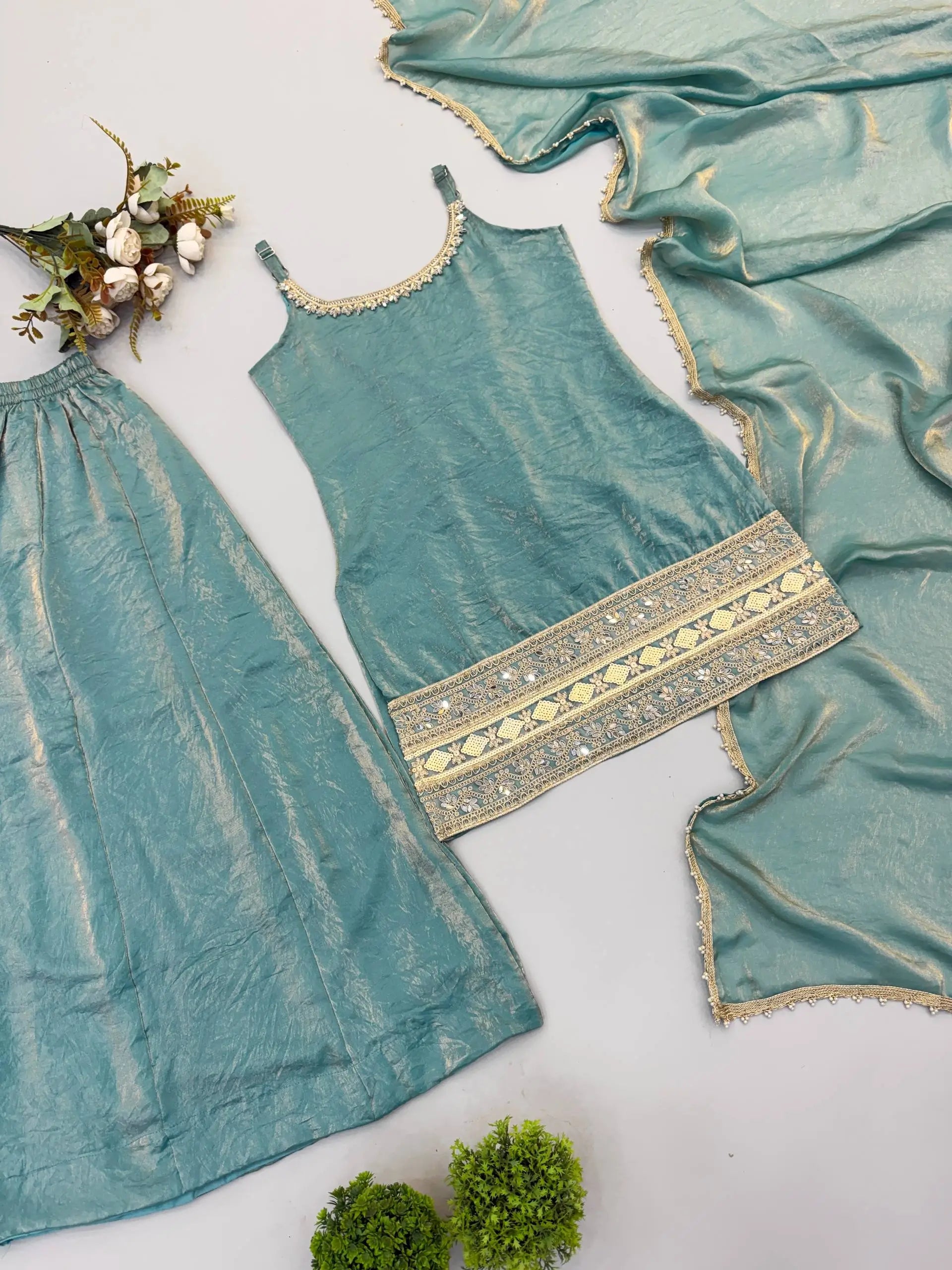 Aqua Mirror Work Kurti Palazzo Set