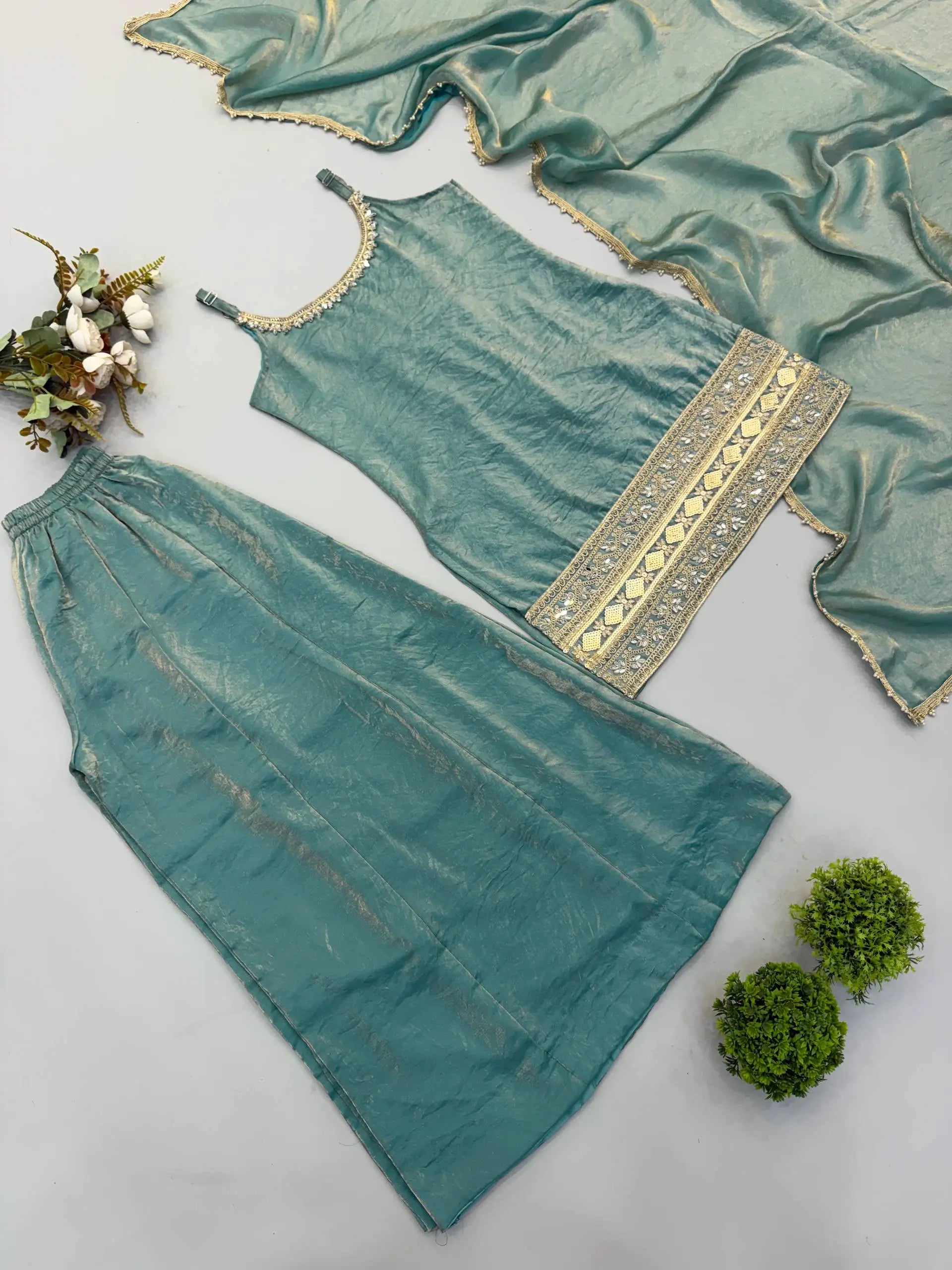Aqua Mirror Work Kurti Palazzo Set