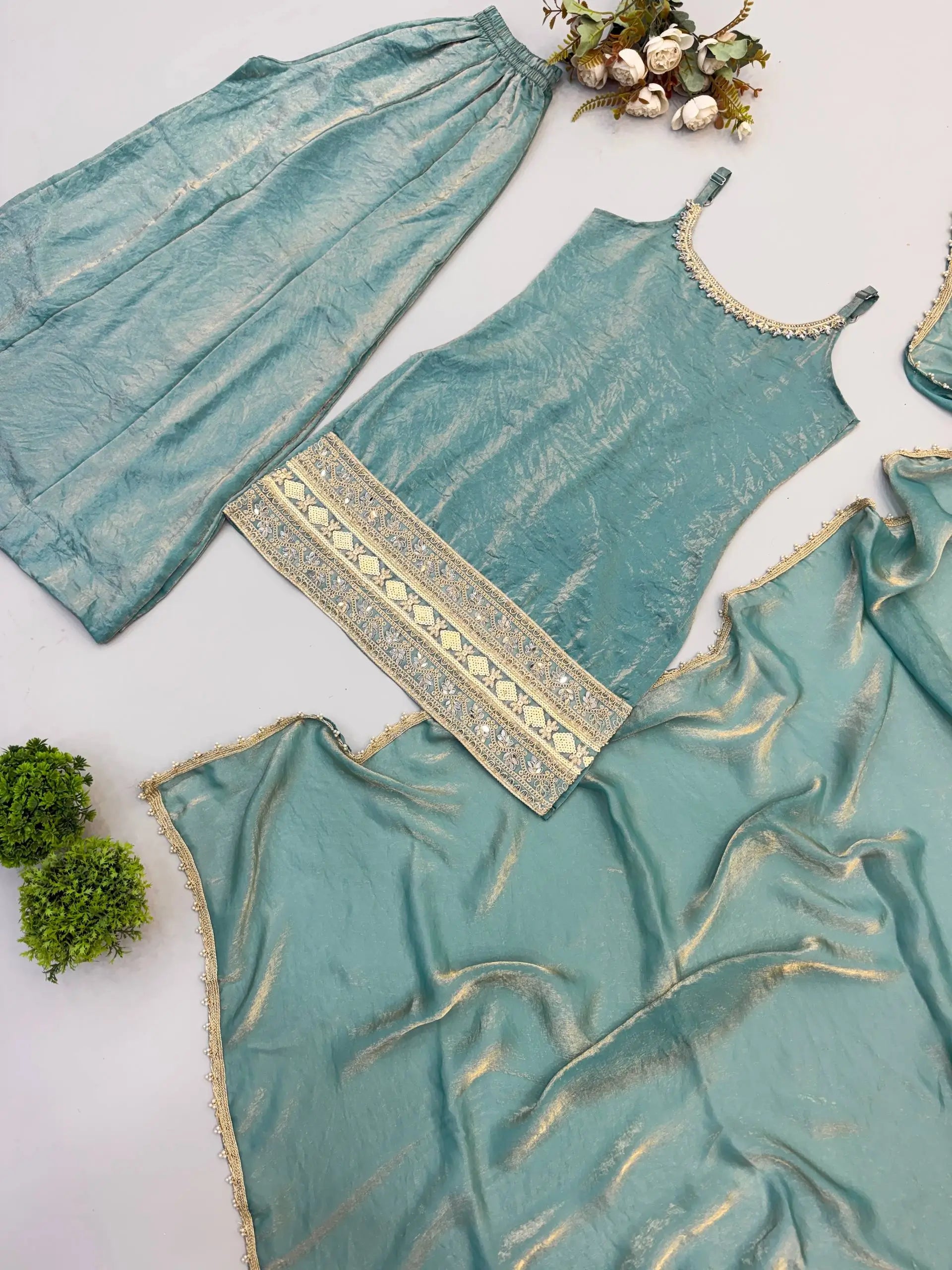 Aqua Mirror Work Kurti Palazzo Set