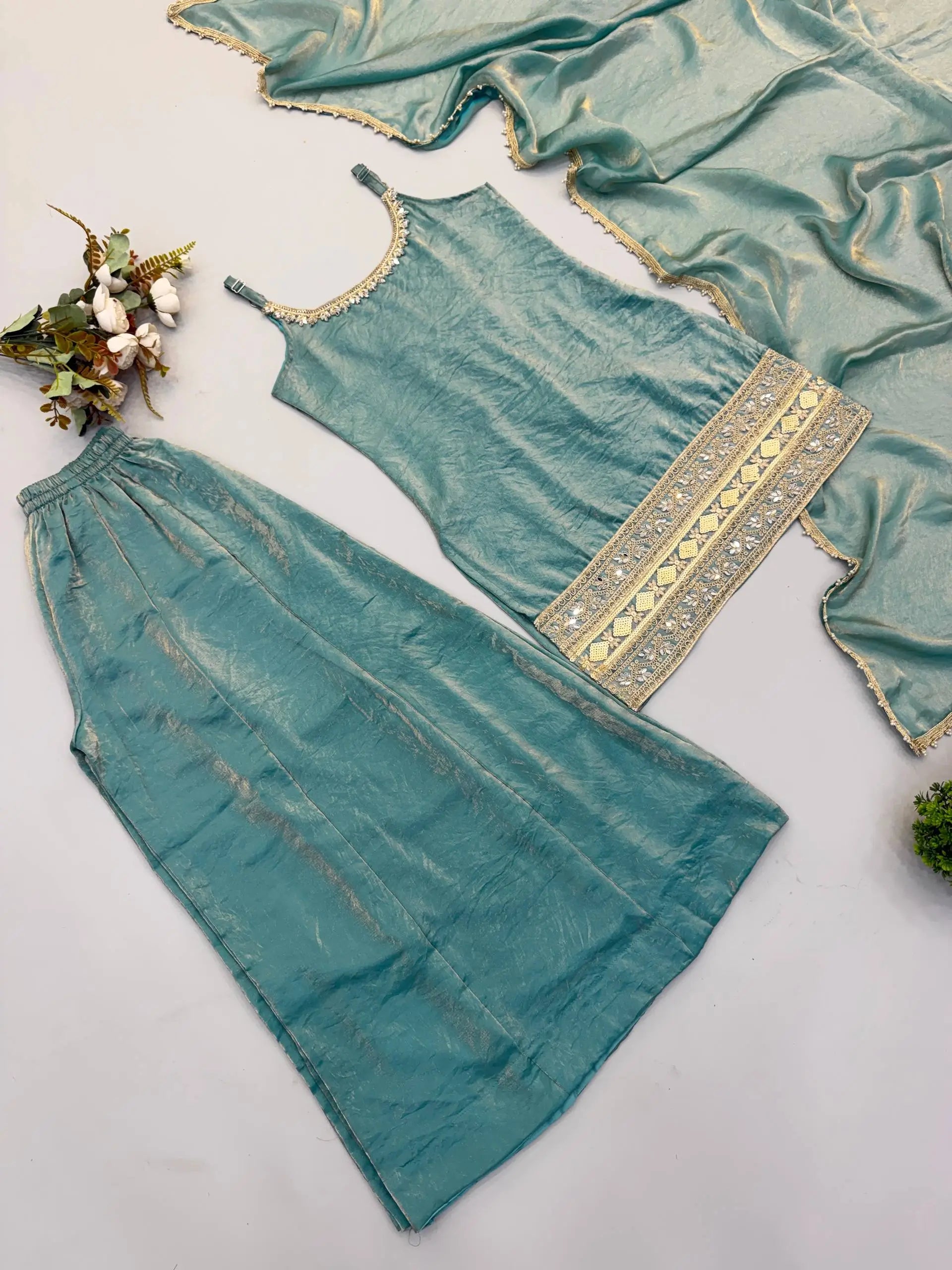 Aqua Mirror Work Kurti Palazzo Set