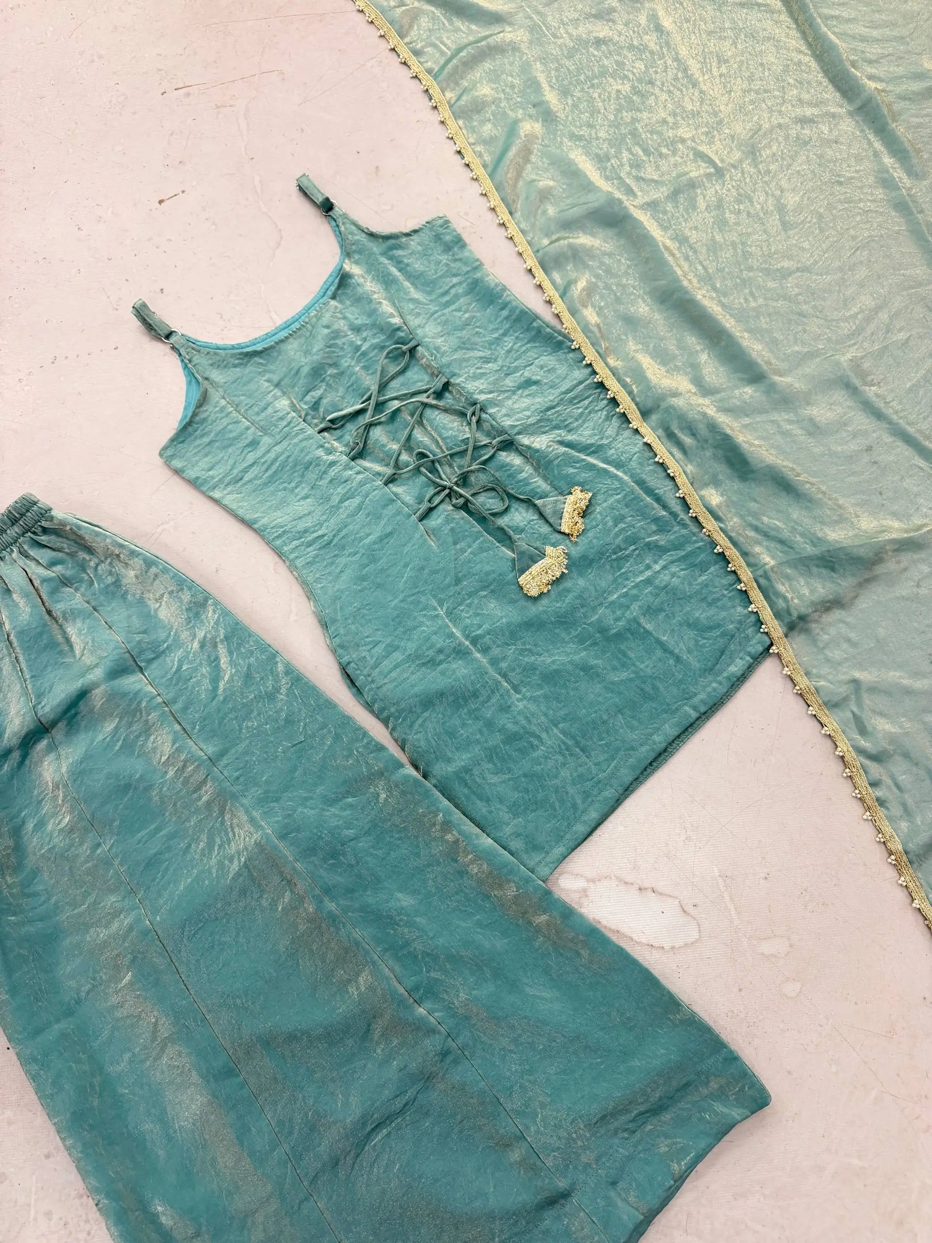 Aqua Mirror Work Kurti Palazzo Set
