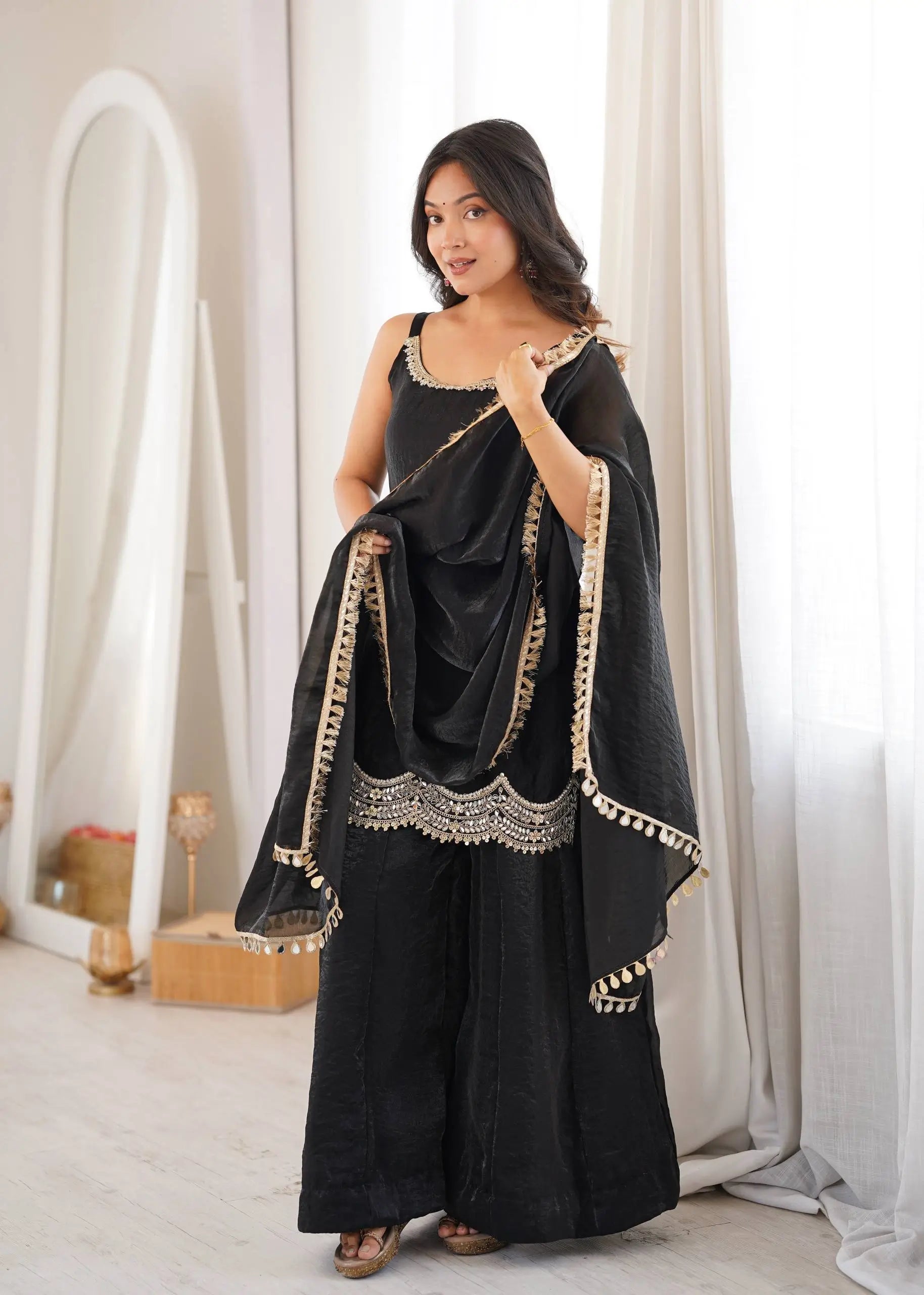 Aqua Mirror Work Kurti Palazzo Set