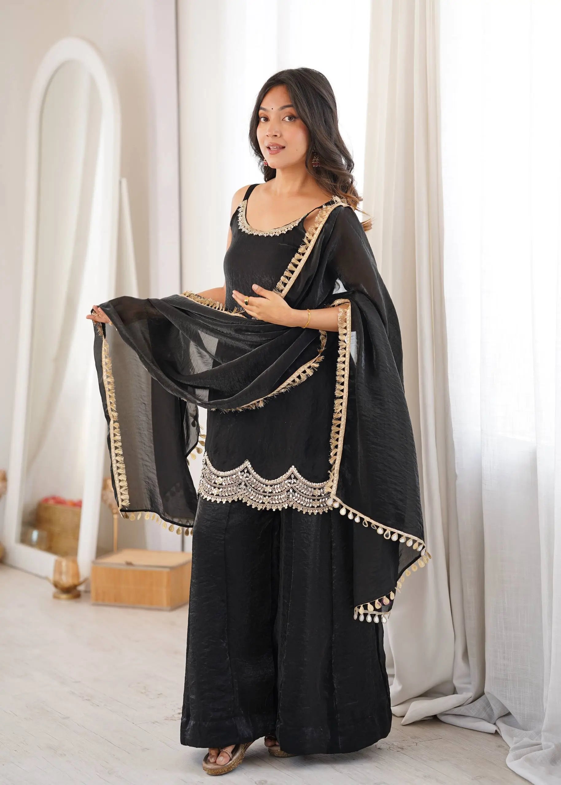 Aqua Mirror Work Kurti Palazzo Set