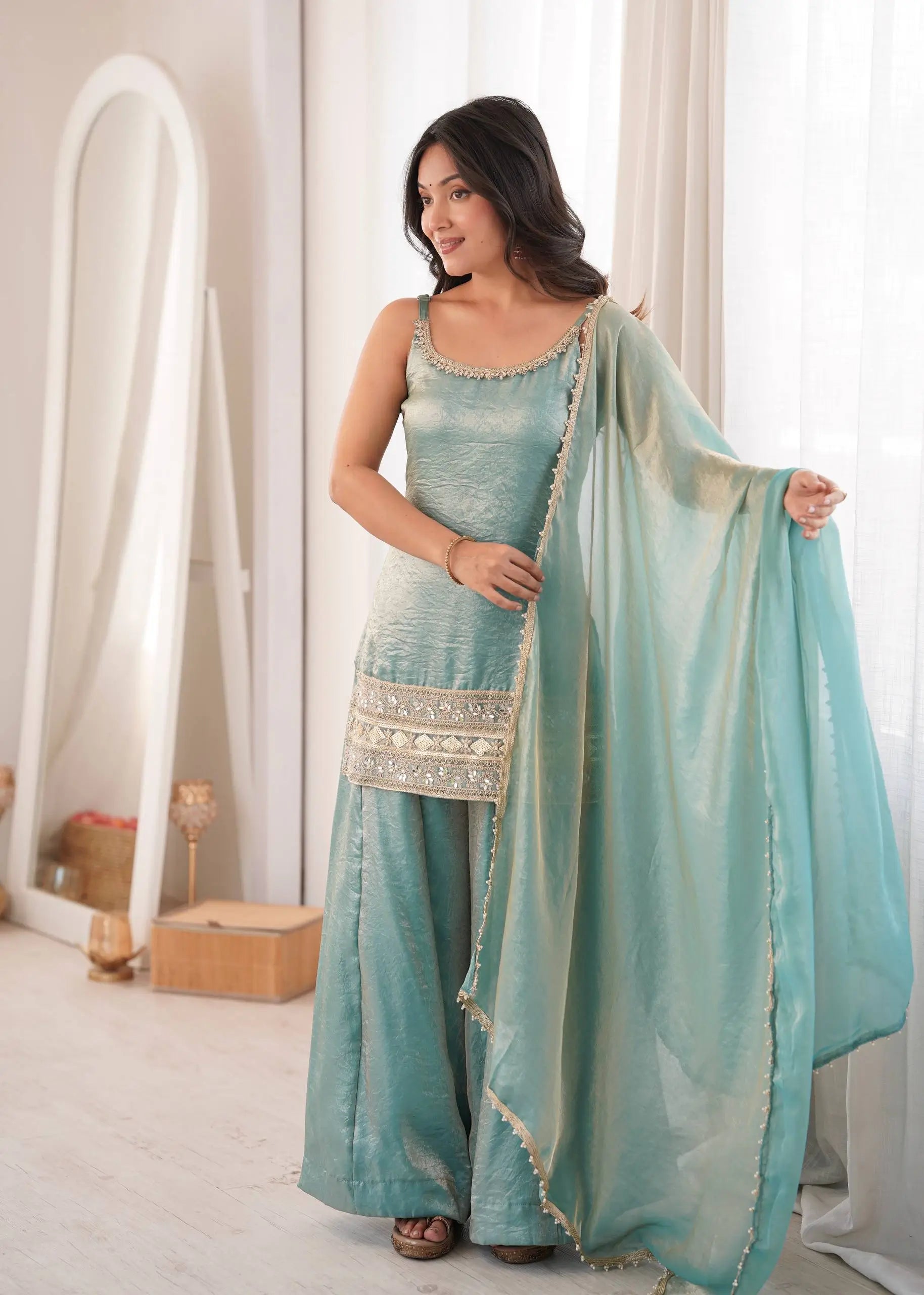 Aqua Mirror Work Kurti Palazzo Set
