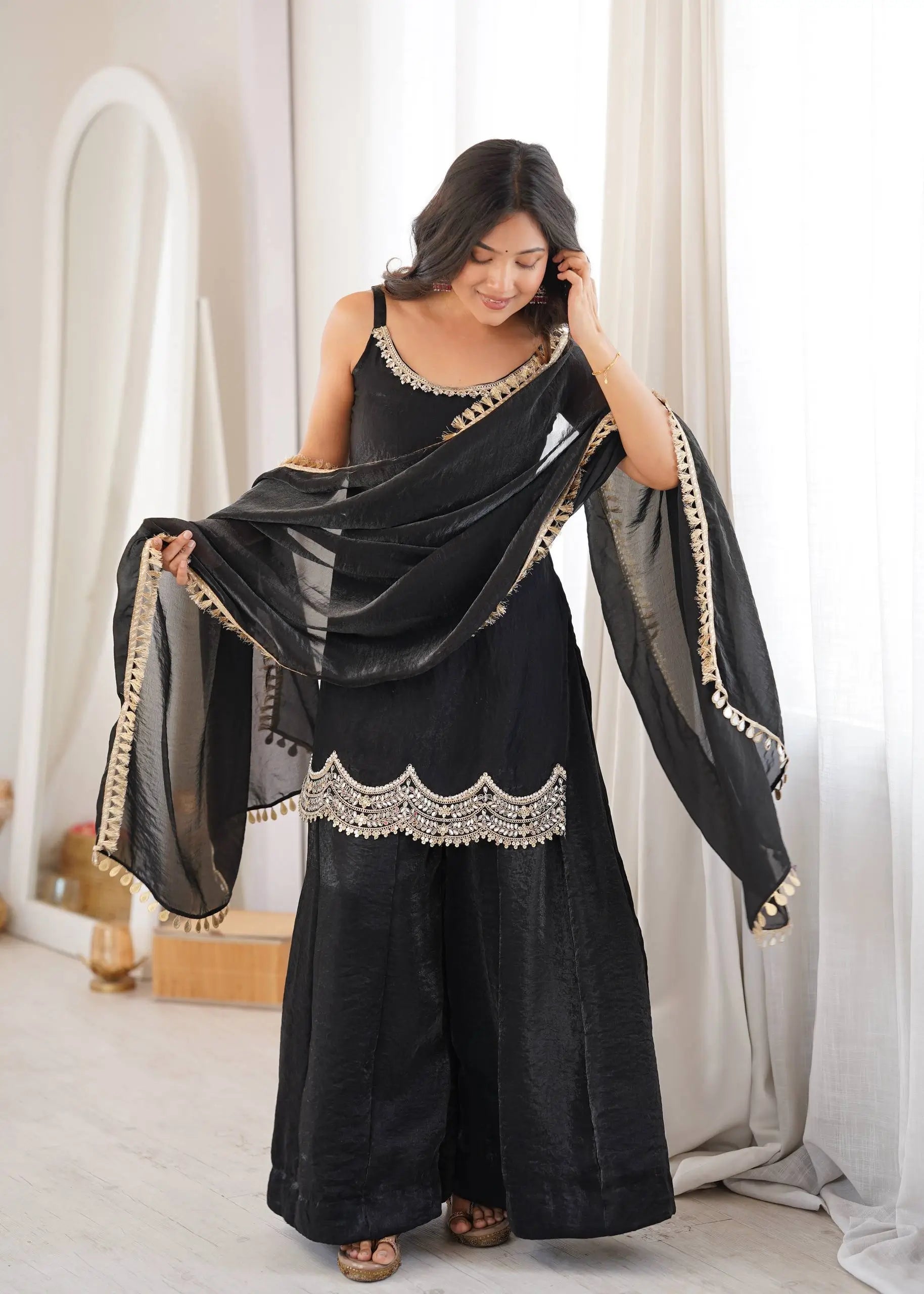 Aqua Mirror Work Kurti Palazzo Set