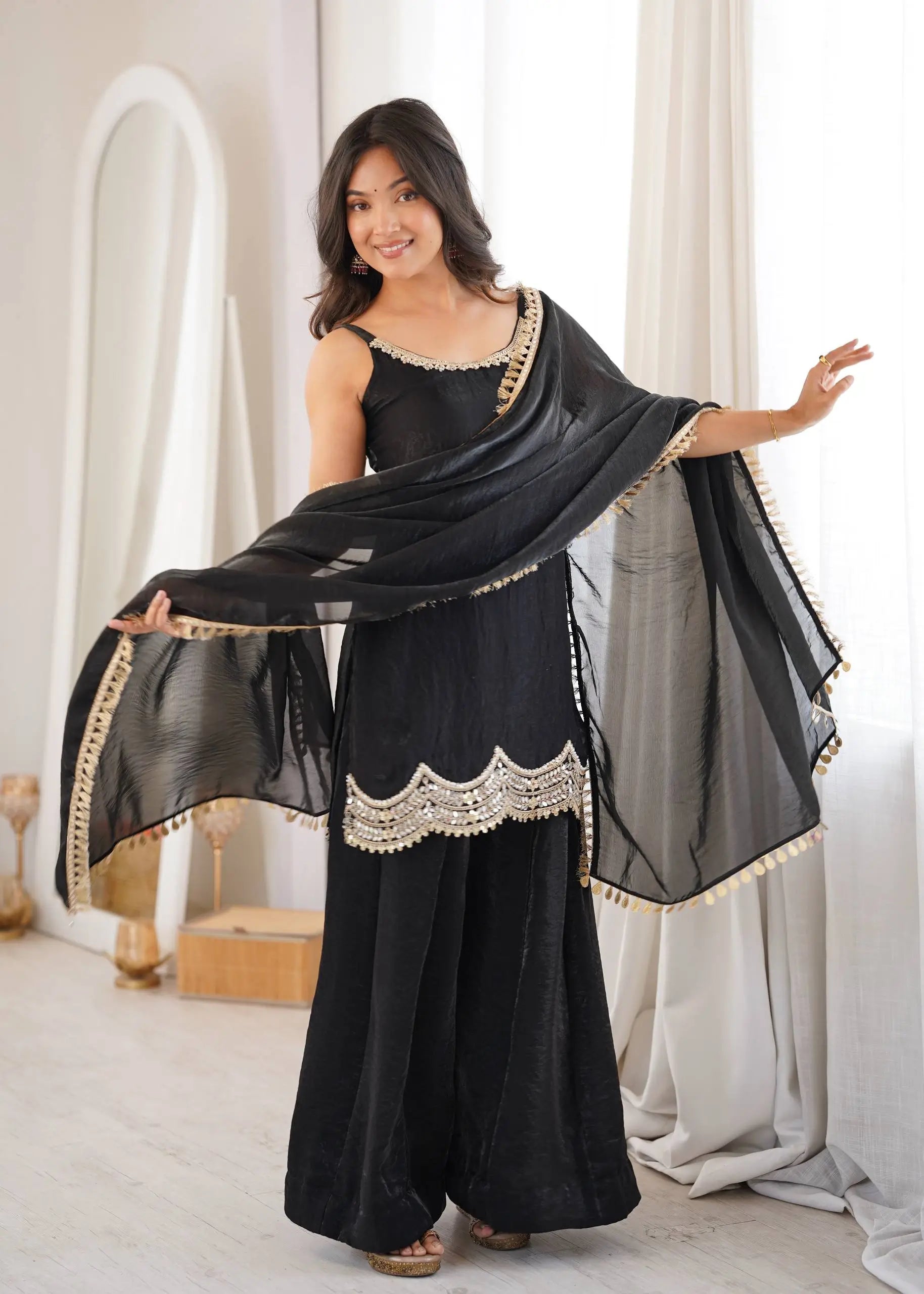Aqua Mirror Work Kurti Palazzo Set