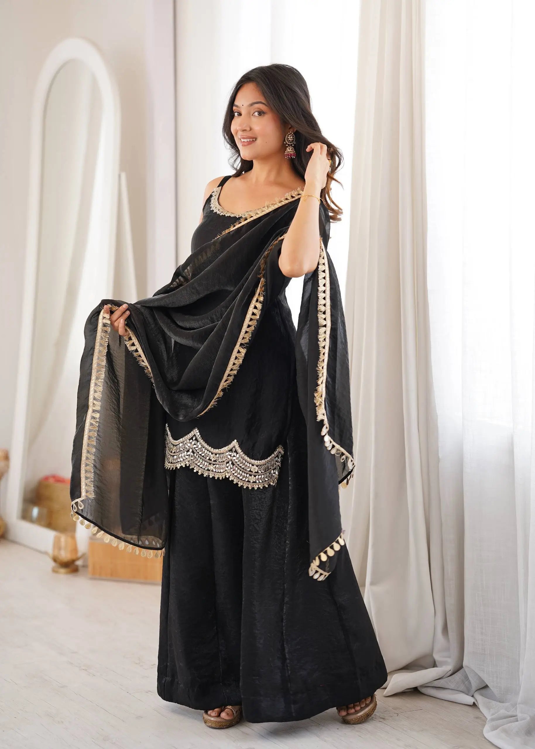 Aqua Mirror Work Kurti Palazzo Set