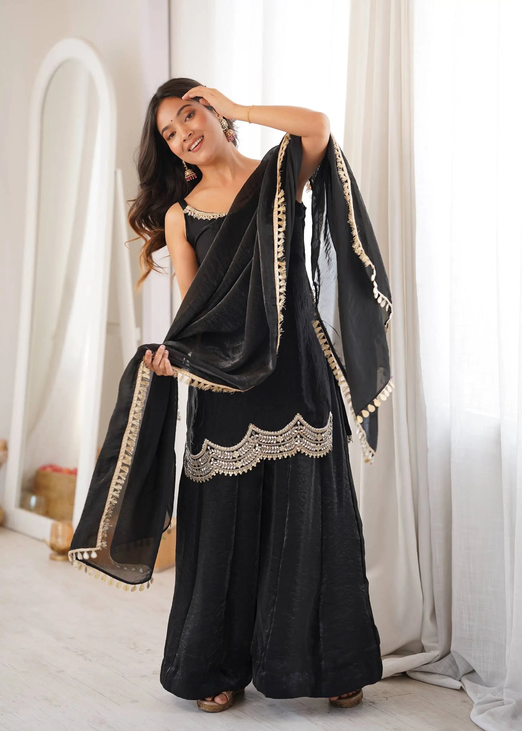Aqua Mirror Work Kurti Palazzo Set