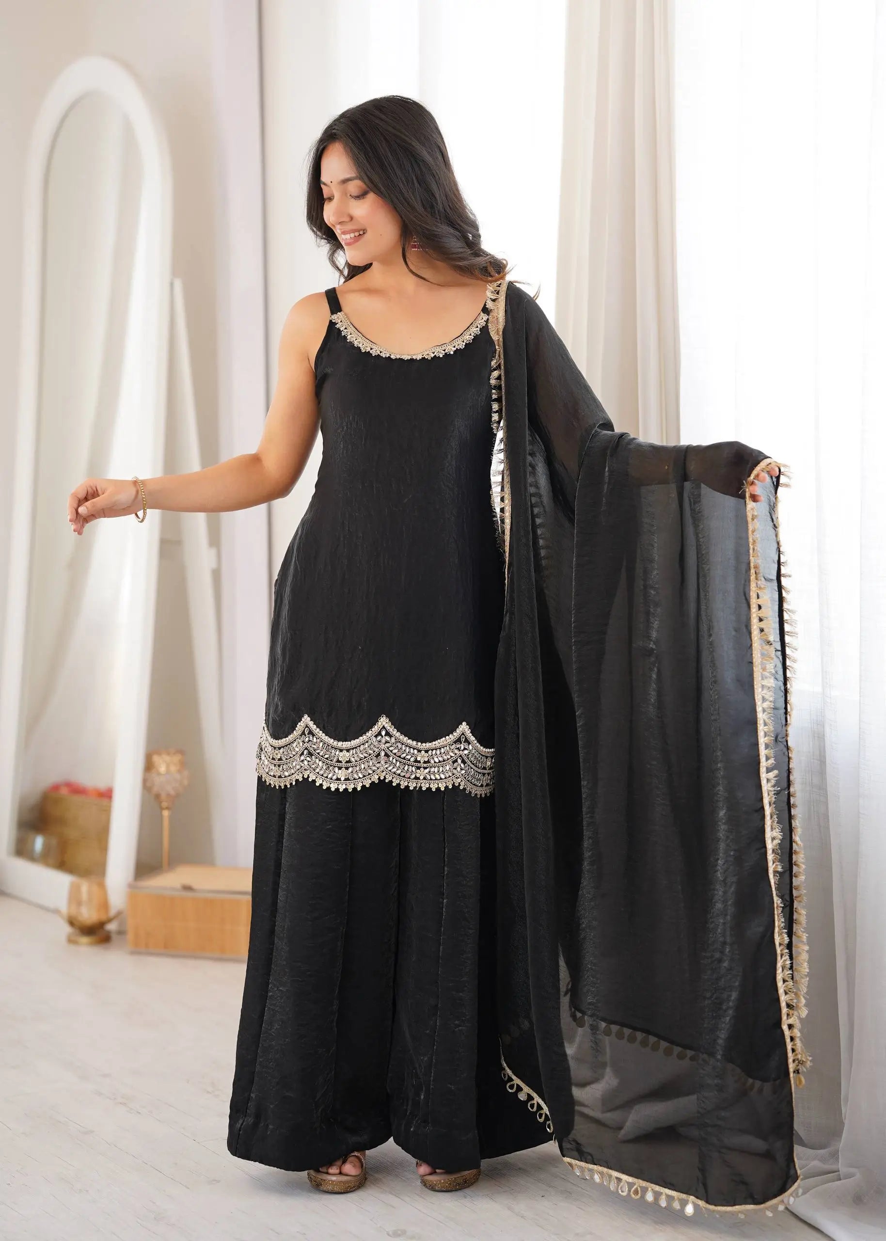 Aqua Mirror Work Kurti Palazzo Set