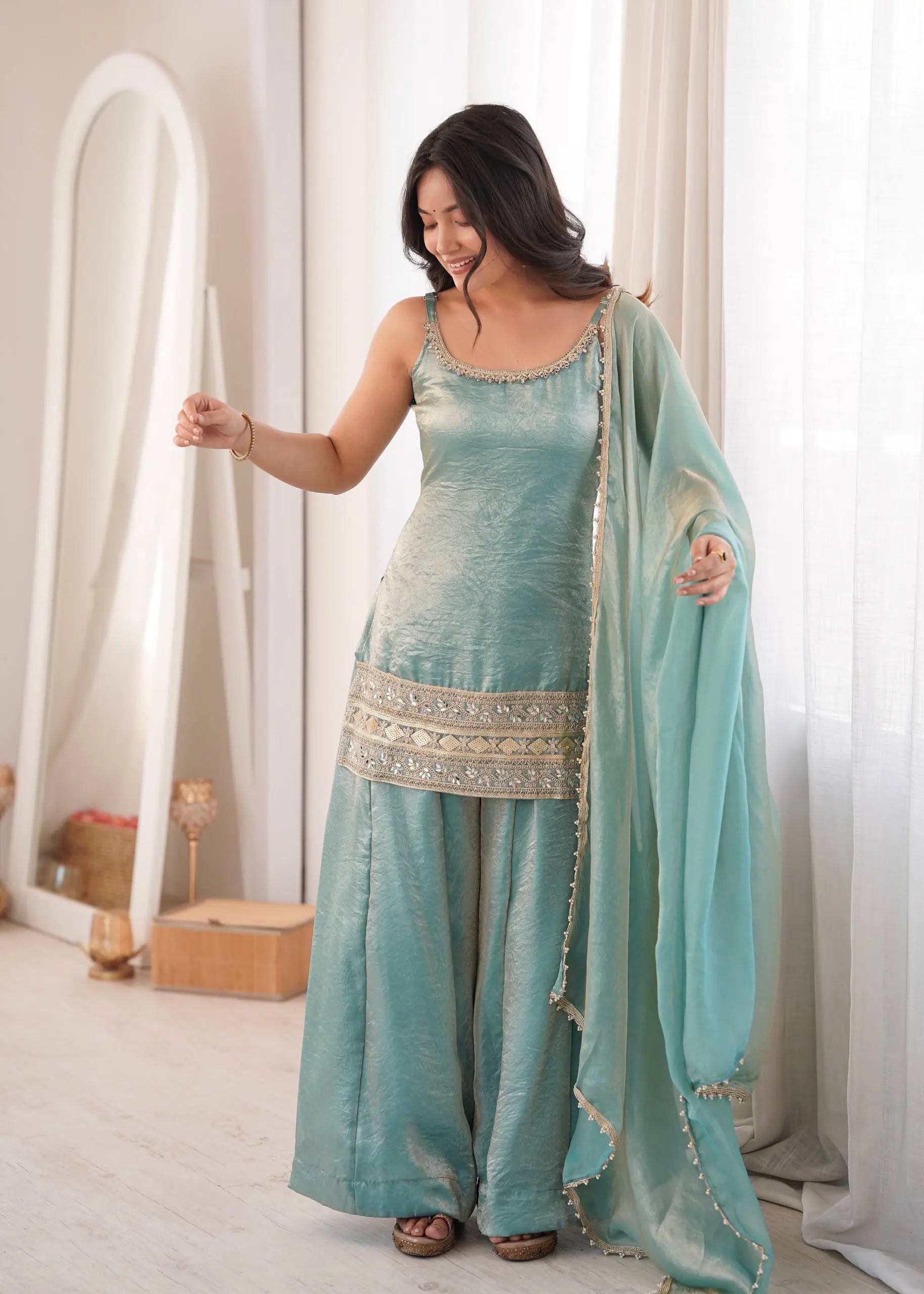 Aqua Mirror Work Kurti Palazzo Set