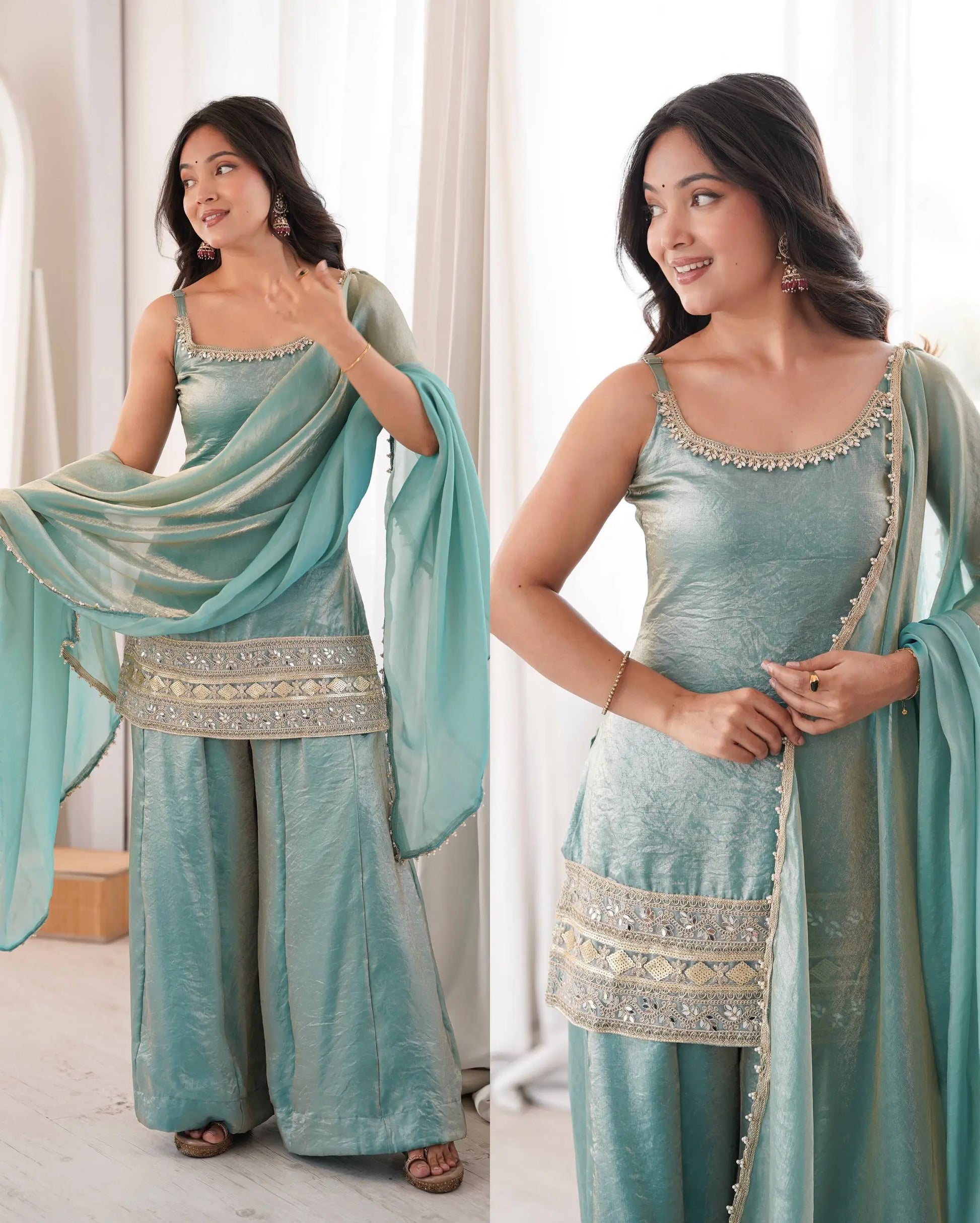 Aqua Mirror Work Kurti Palazzo Set