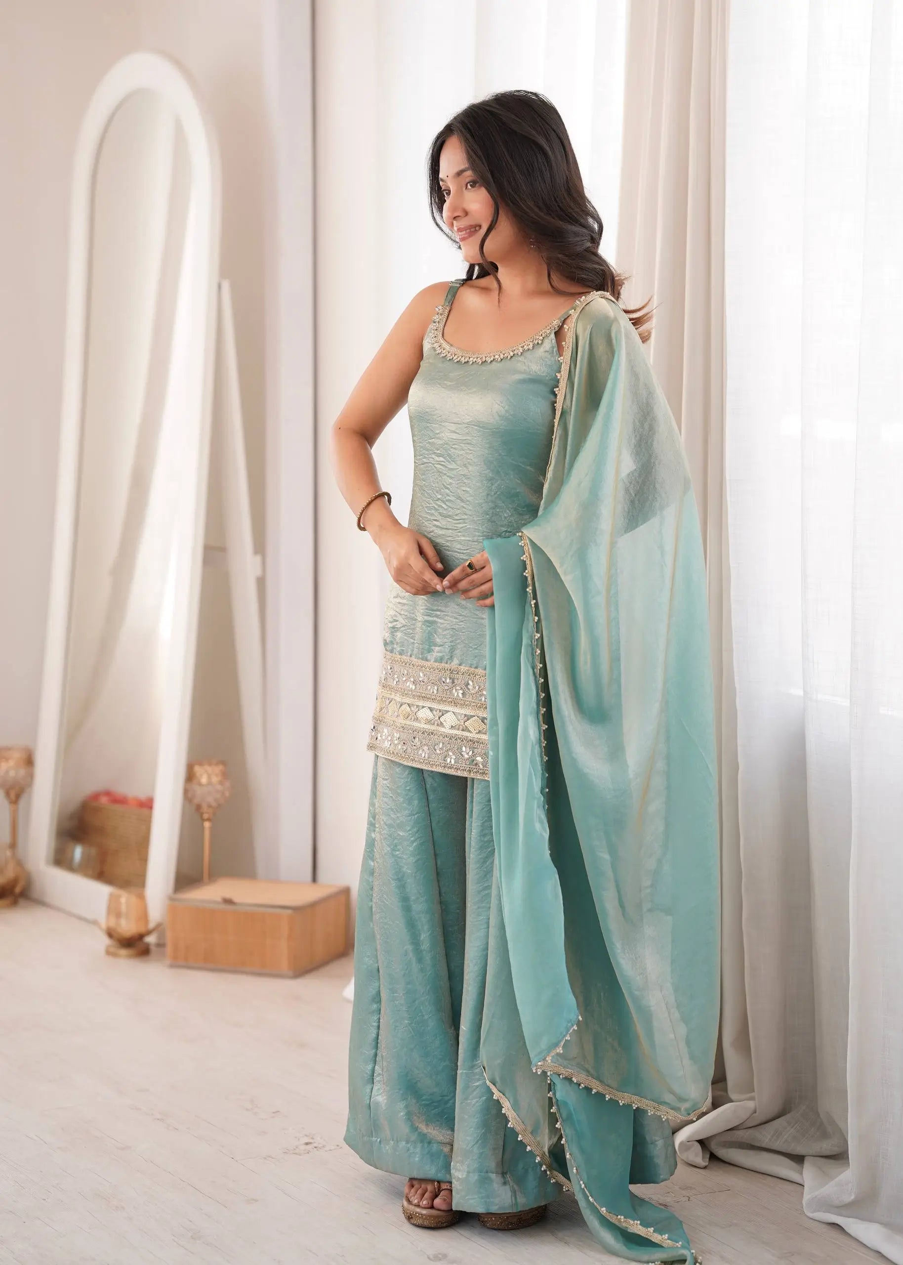 Aqua Mirror Work Kurti Palazzo Set