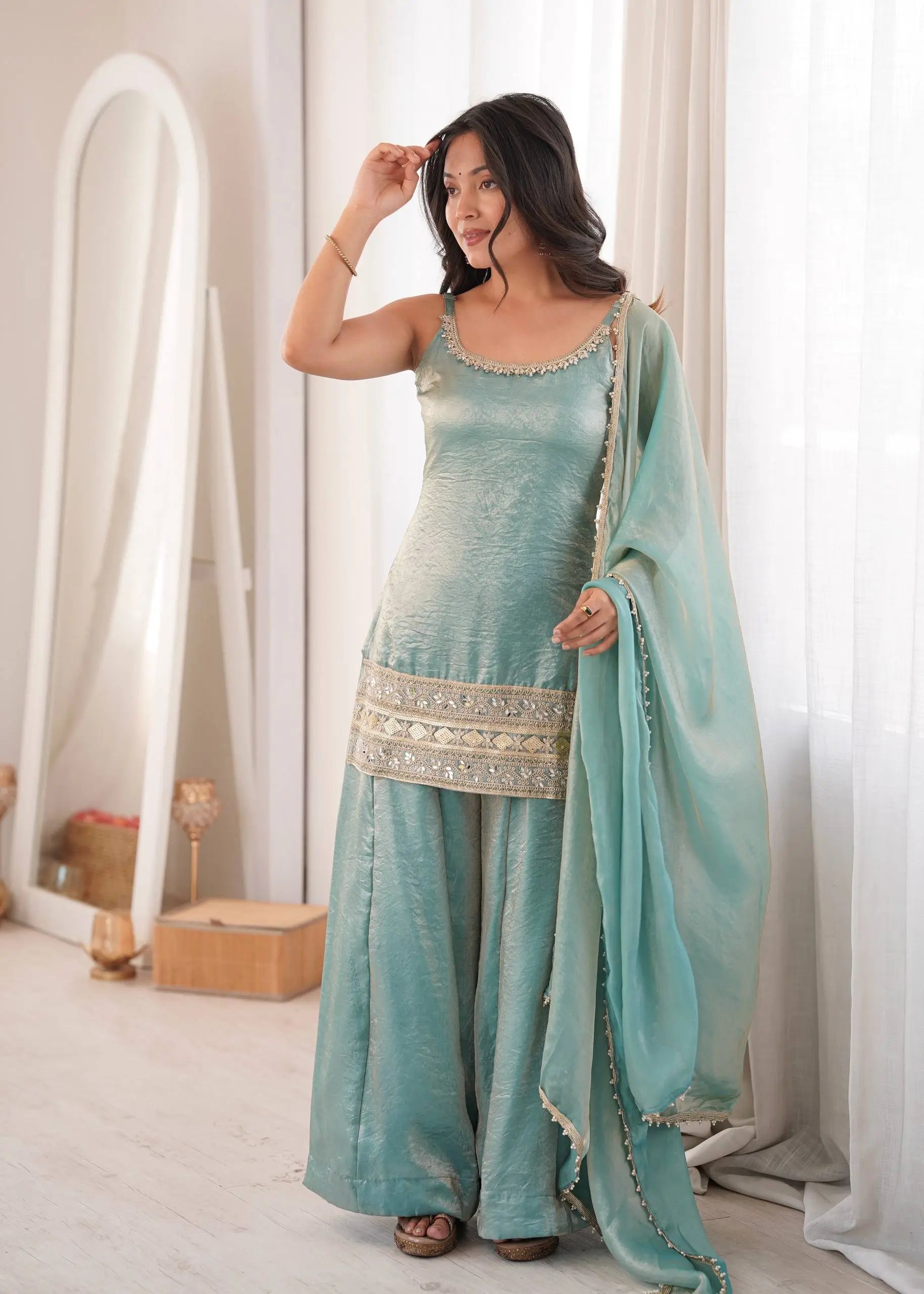 Aqua Mirror Work Kurti Palazzo Set
