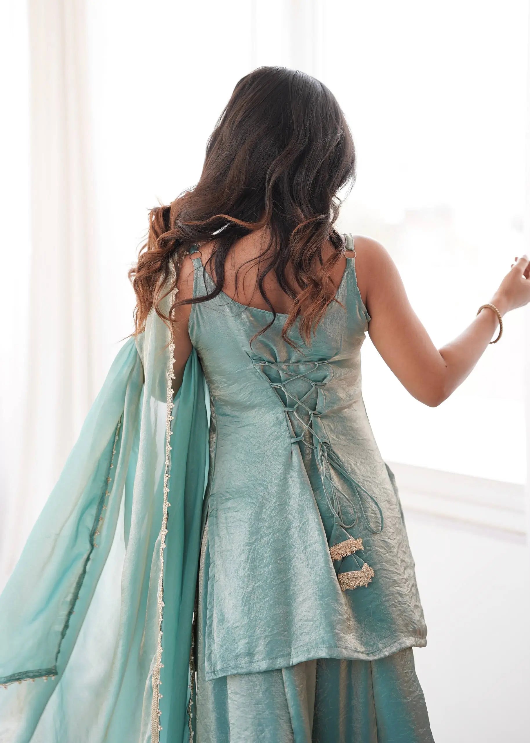 Aqua Mirror Work Kurti Palazzo Set
