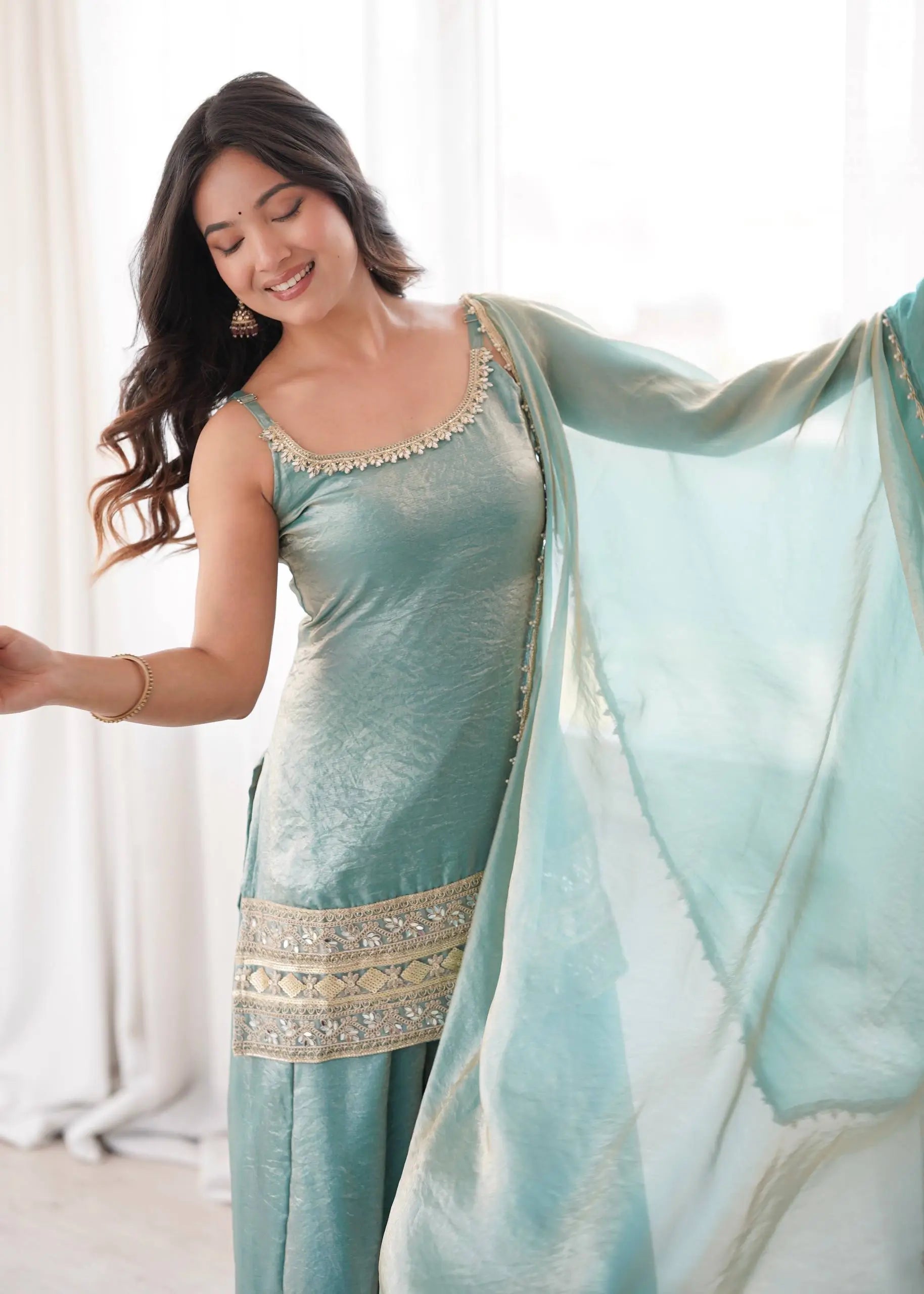Aqua Mirror Work Kurti Palazzo Set