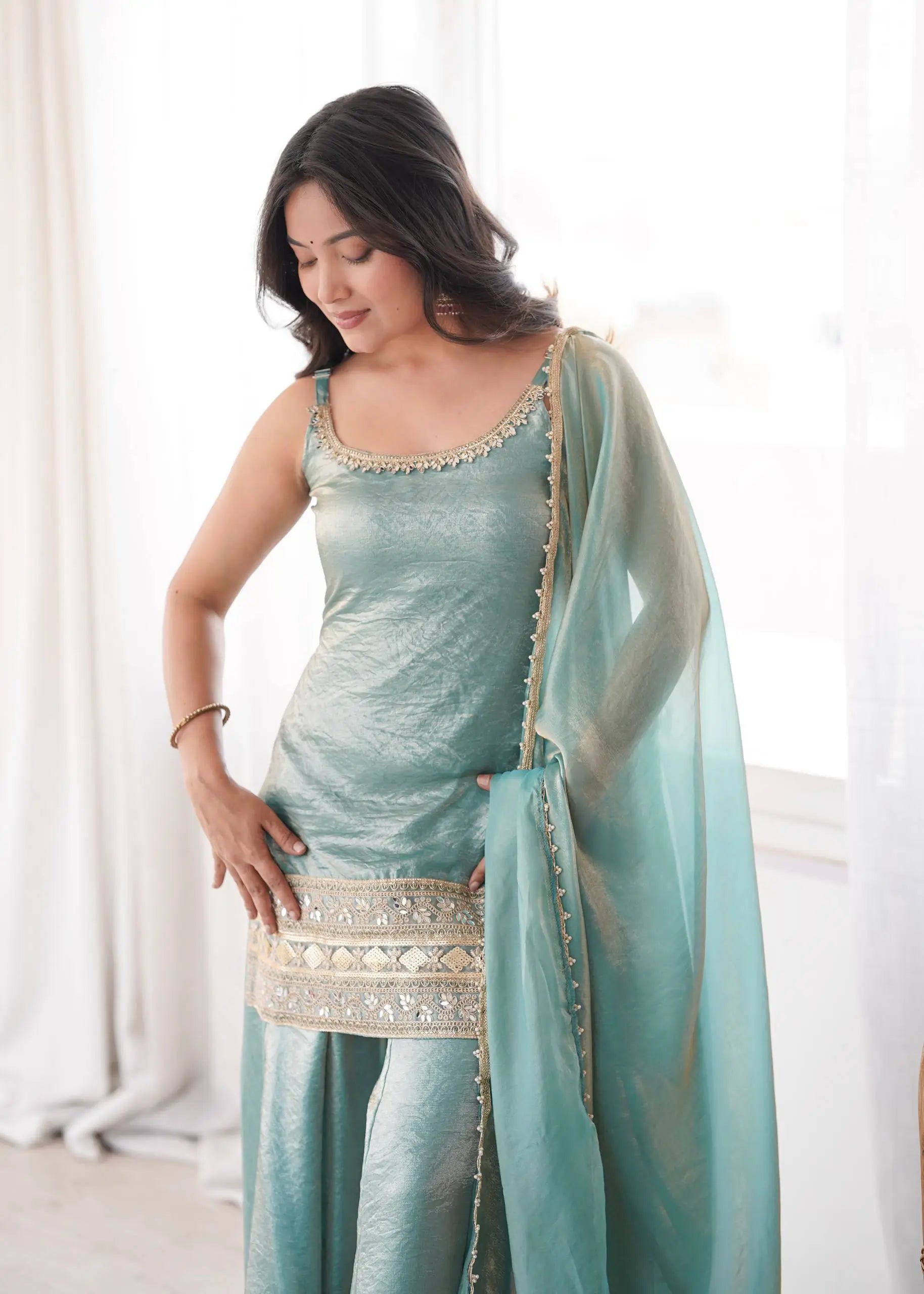 Aqua Mirror Work Kurti Palazzo Set