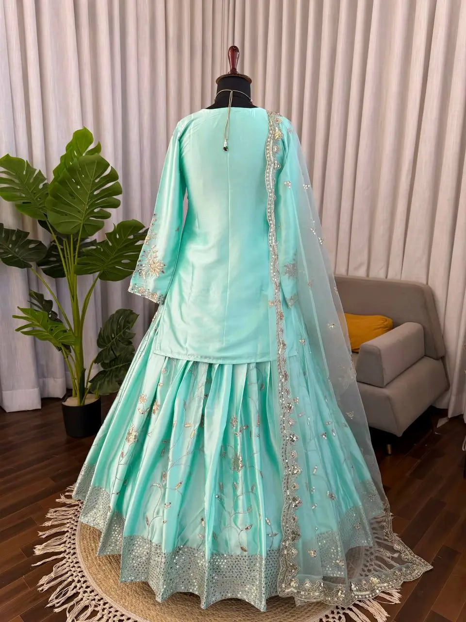Aqua Sequin Satin Lehenga Set
