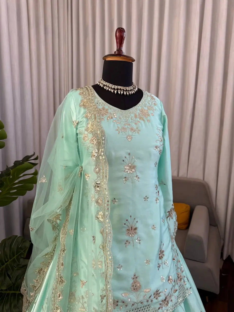 Aqua Sequin Satin Lehenga Set