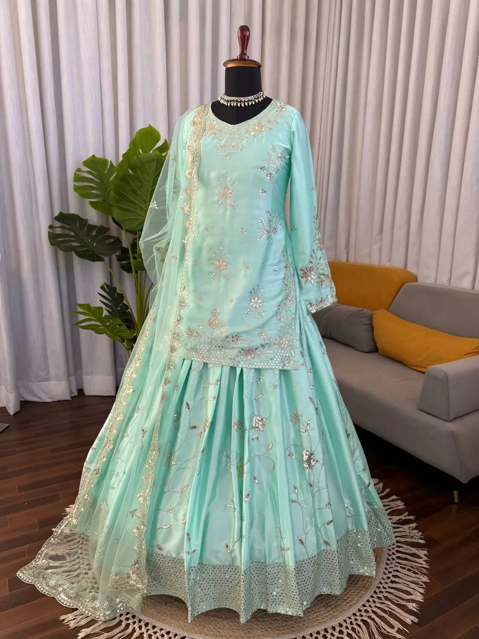 Aqua Sequin Satin Lehenga Set