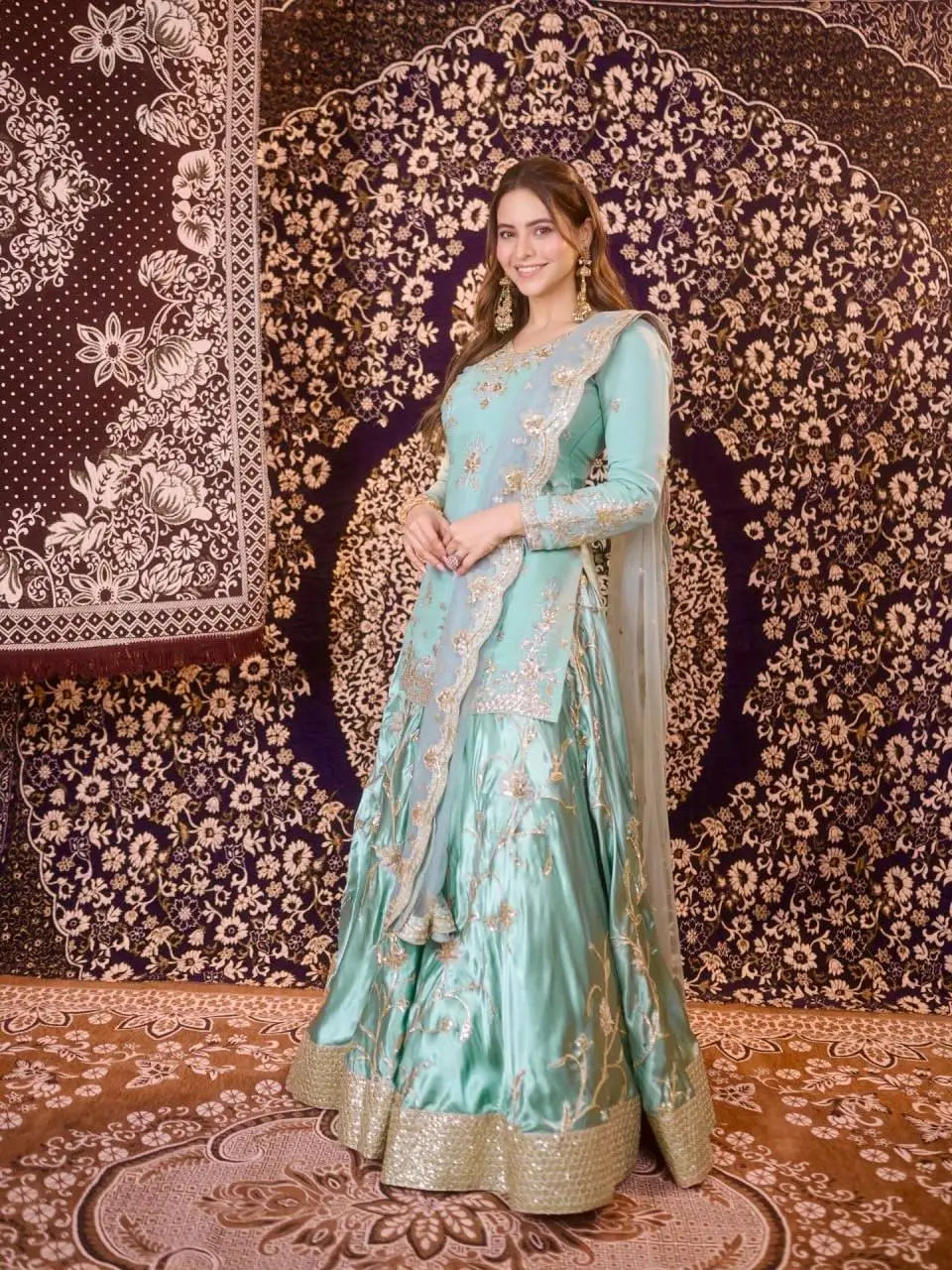 Aqua Sequin Satin Lehenga Set