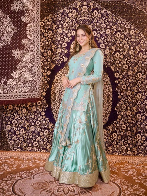 Aqua Sequin Satin Lehenga Set