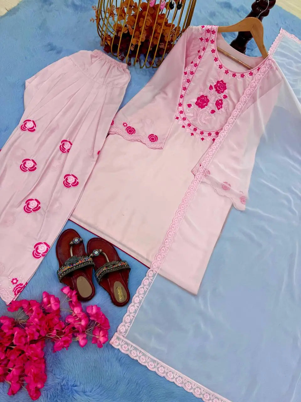 Baby Pink Crepe Embroidered Suit with Farshi Plazzo & Dupatta – Elegant Festive & Party We