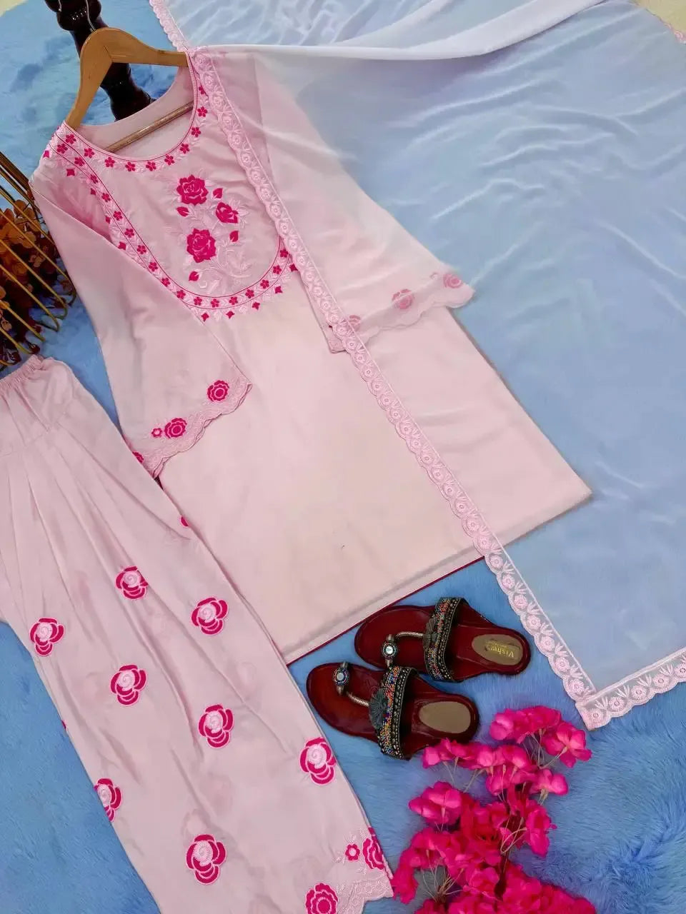 Baby Pink Crepe Embroidered Suit with Farshi Plazzo & Dupatta – Elegant Festive & Party We
