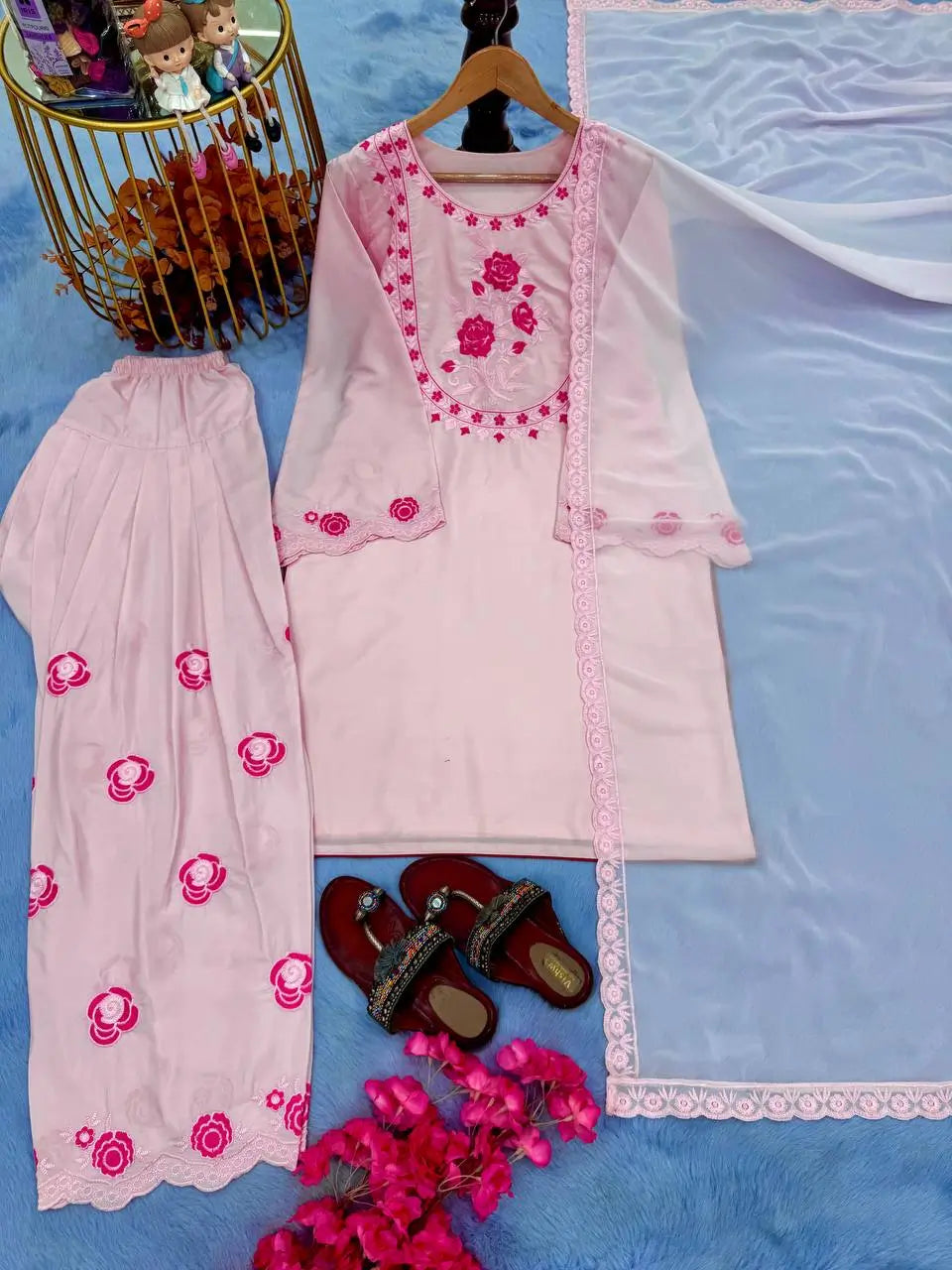 Baby Pink Crepe Embroidered Suit with Farshi Plazzo & Dupatta – Elegant Festive & Party We
