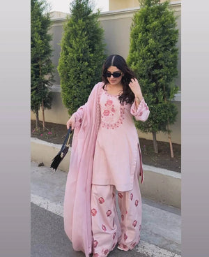 Baby Pink Crepe Embroidered Suit with Farshi Plazzo & Dupatta – Elegant Festive & Party We