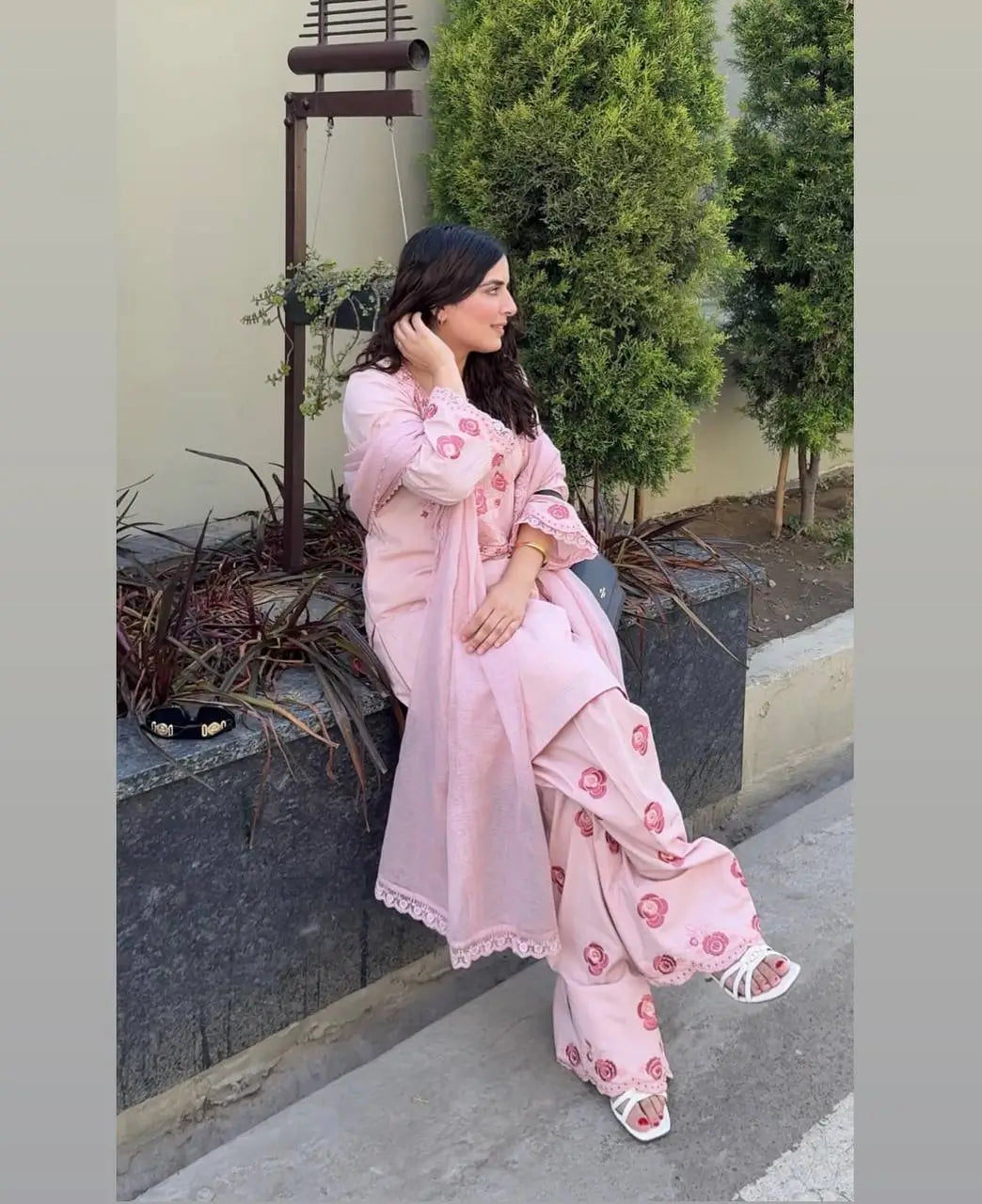 Baby Pink Crepe Embroidered Suit with Farshi Plazzo & Dupatta – Elegant Festive & Party We
