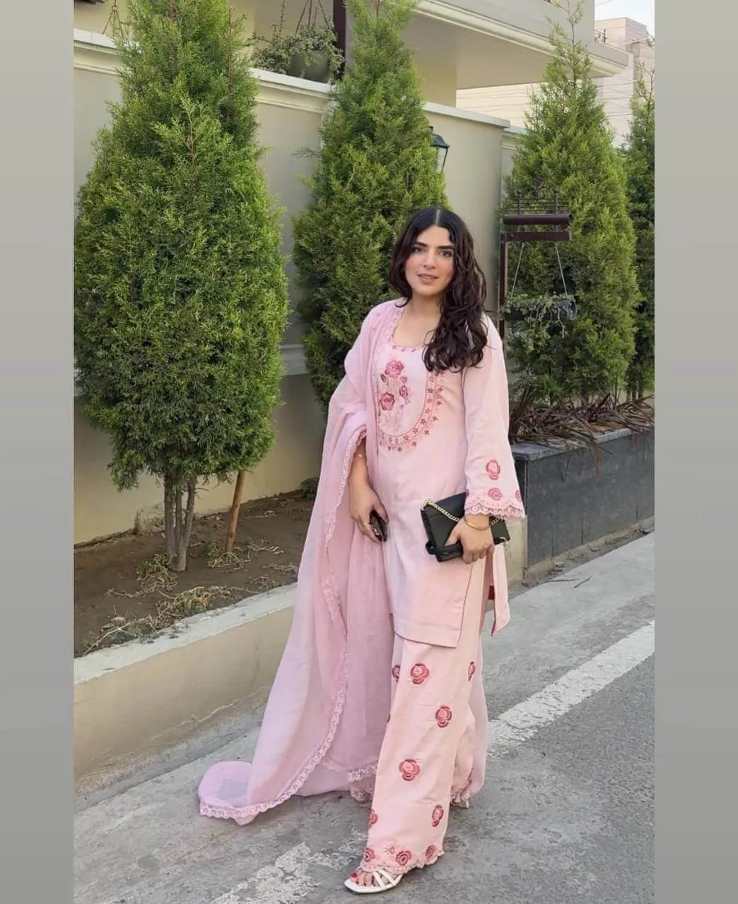 Baby Pink Crepe Embroidered Suit with Farshi Plazzo & Dupatta – Elegant Festive & Party We