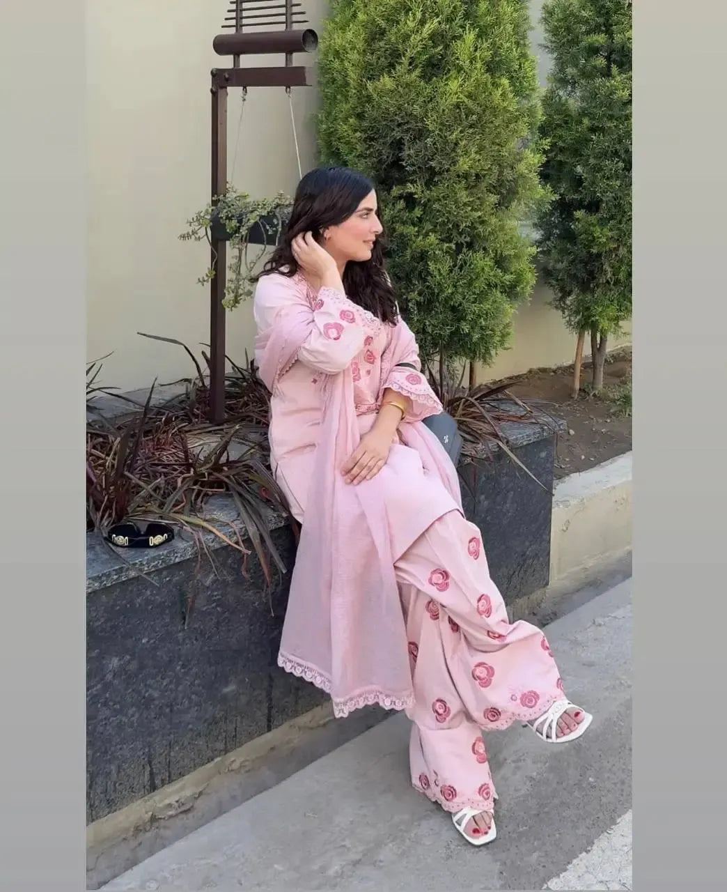 Baby Pink Crepe Embroidered Suit with Farshi Plazzo & Dupatta – Elegant Festive & Party We